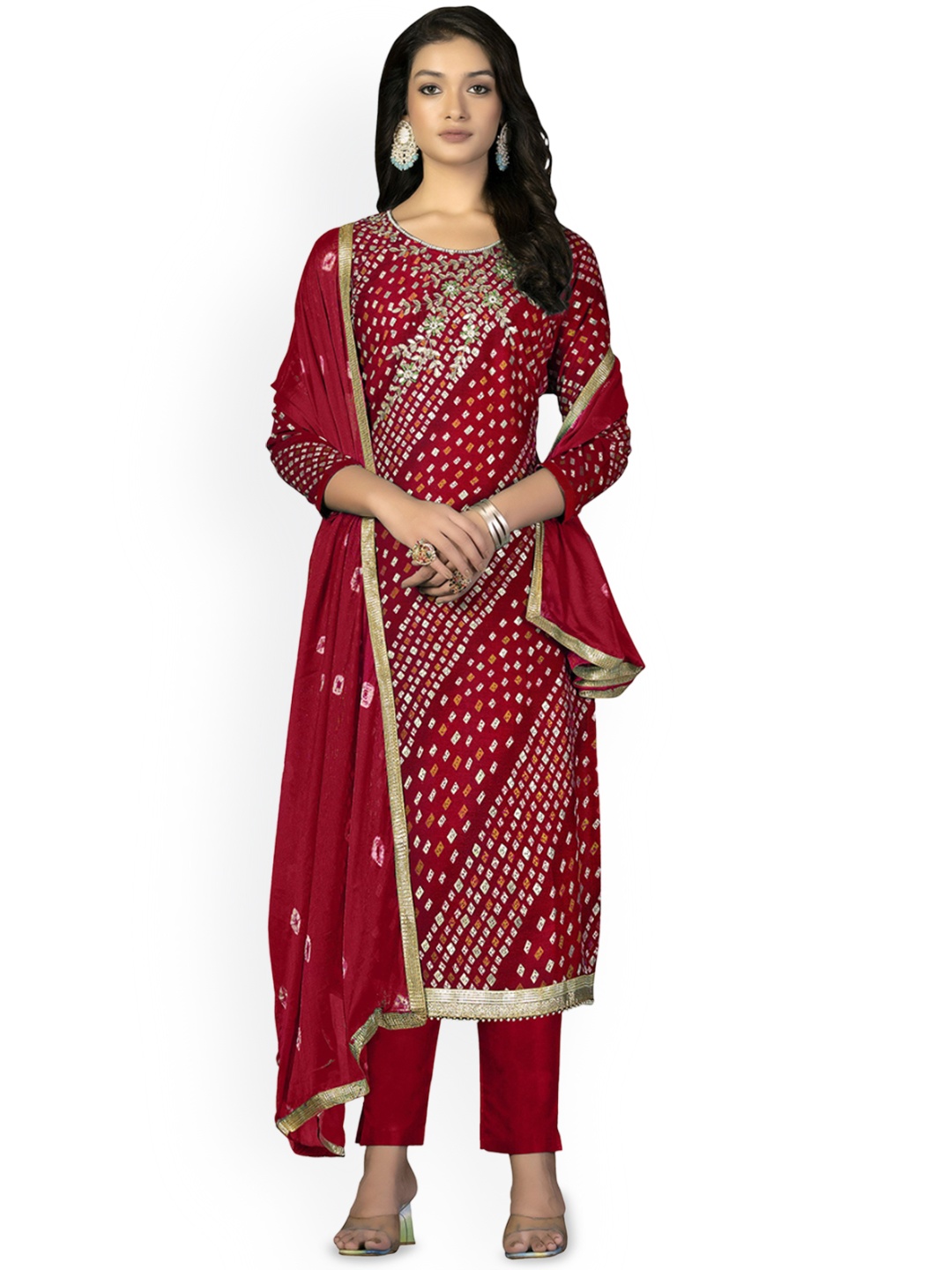 

Maroosh Bandhani Printed Beads and Stones Unstitched Dress Material, Red