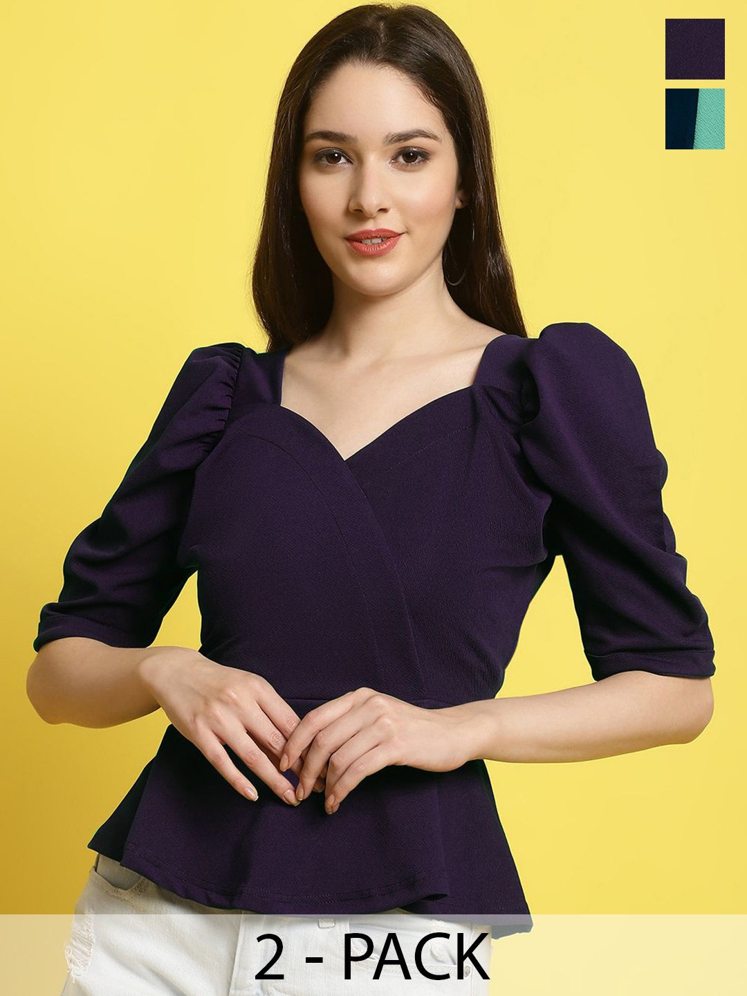 

Metronaut Women Pack Of 2 Sweetheart Neck Peplum Top, Purple