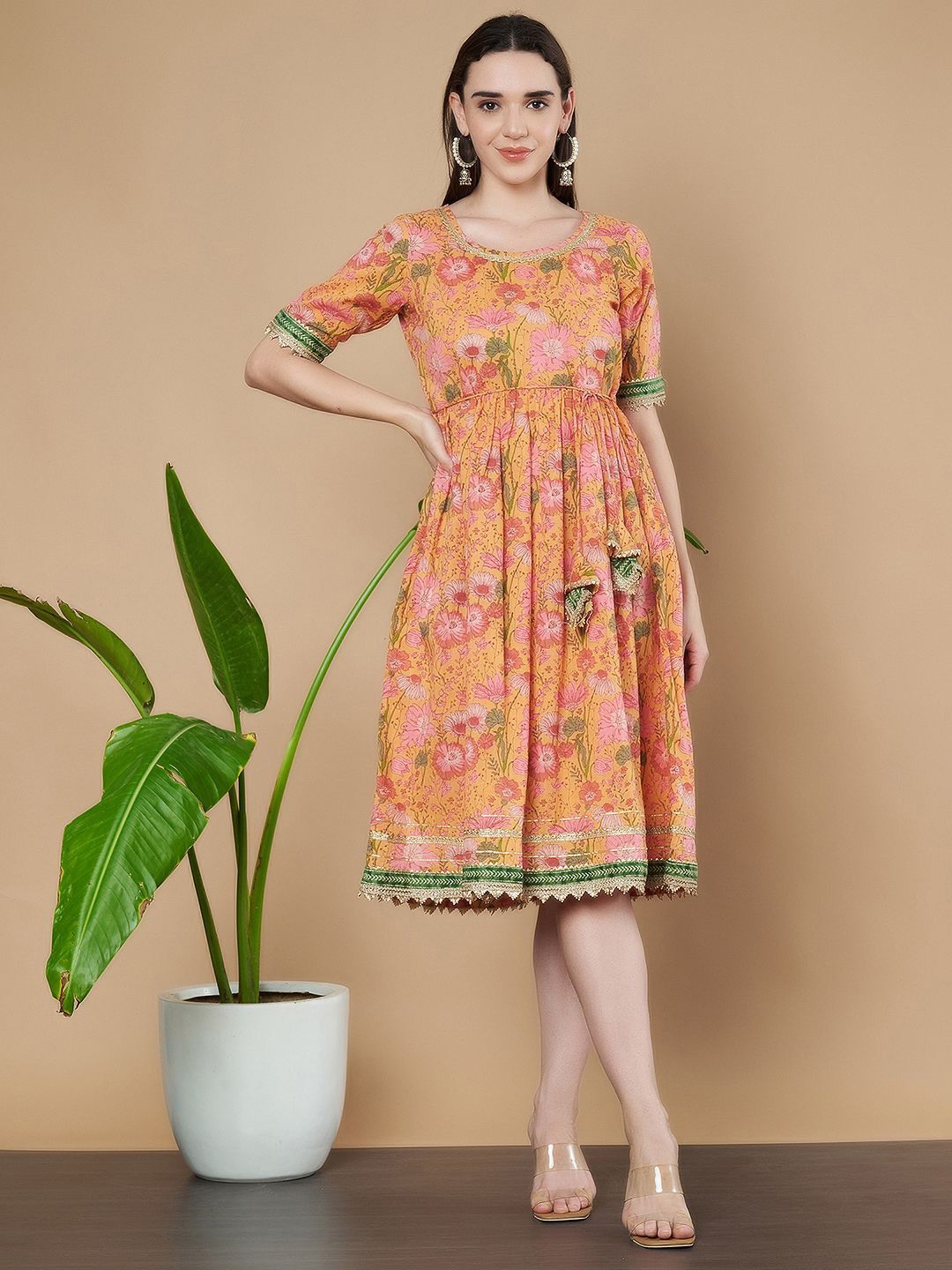 

KALINI Women Floral Printed Ethnic Cotton Dress, Orange