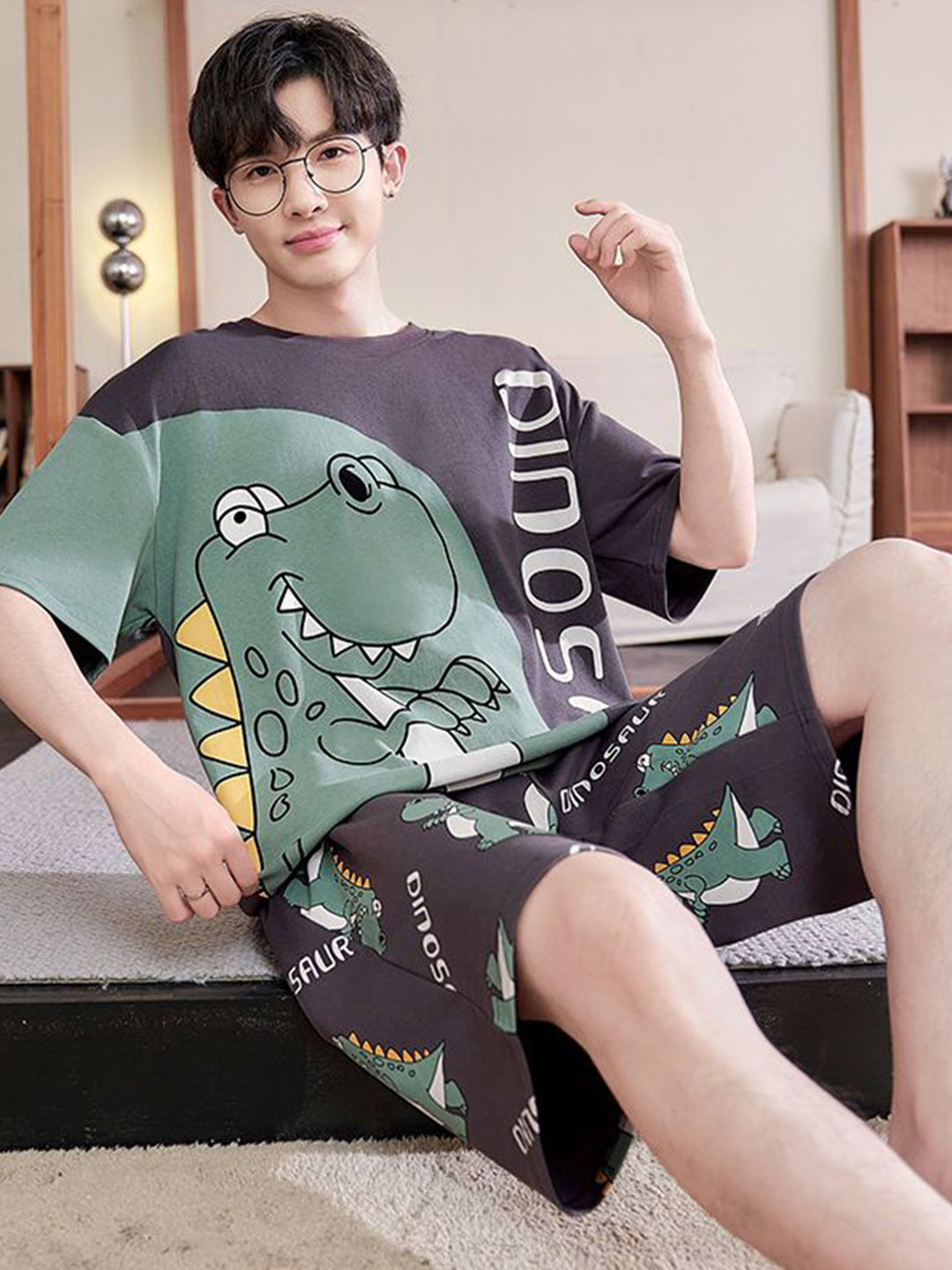 

StyleCast Printed Round Neck Short Sleeves Pure Cotton Night Suit, Grey