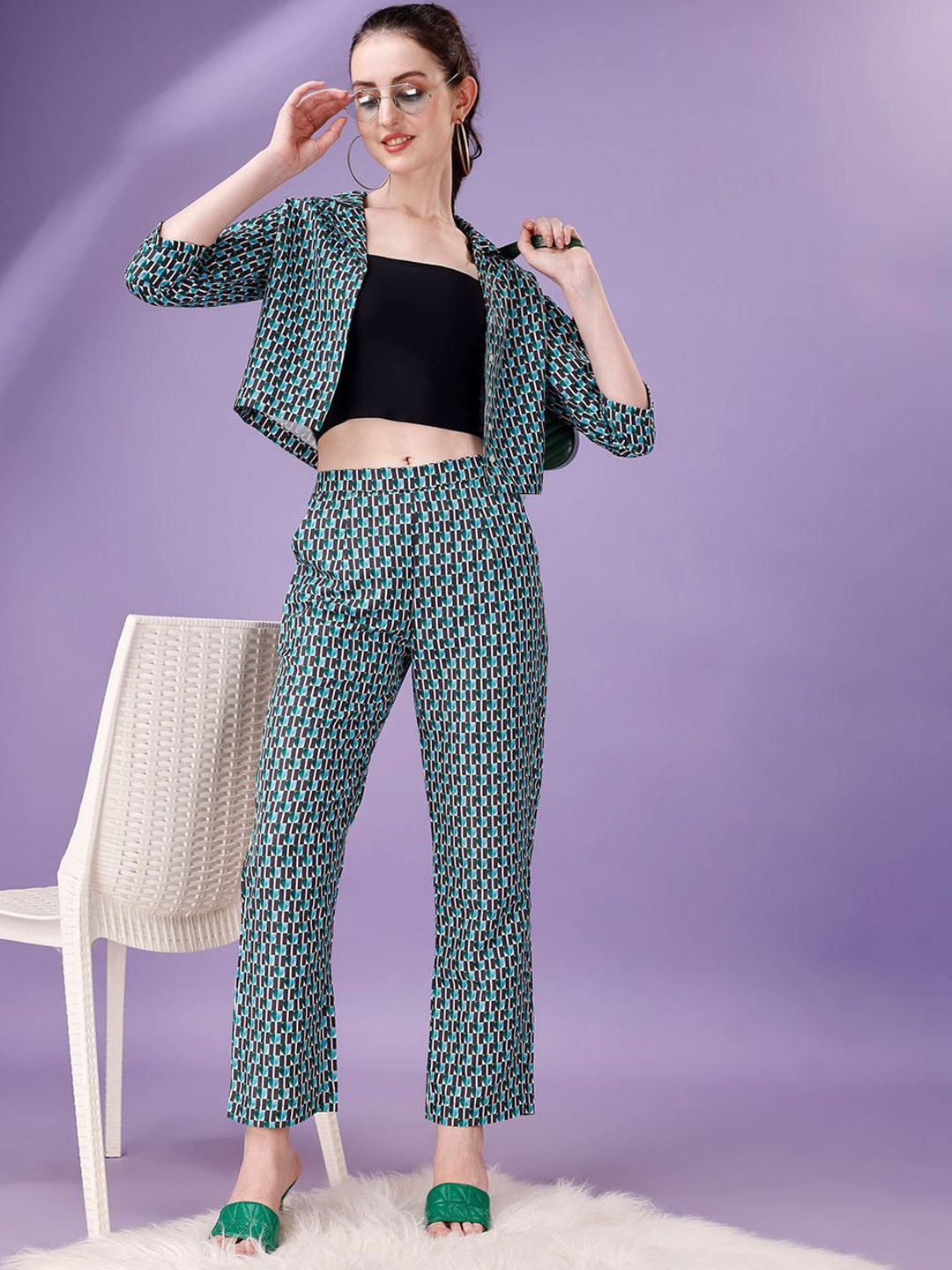 

COLORCART Printed Crop Shirt With Trousers Co-Ords, Blue