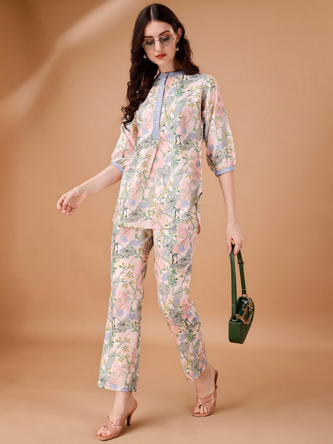 

COLORCART Printed Tunic With Trousers Co-Ords, Peach