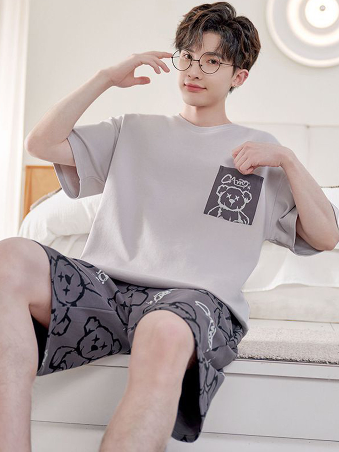 

StyleCast Printed Pure Cotton T-shirt With Shorts Night Suits, Beige