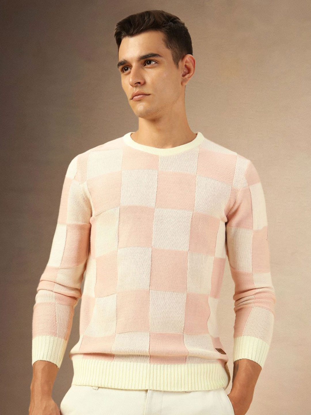 

Dennis Lingo Men Checked Round Fit Regular Fit Pullover Sweater, Pink