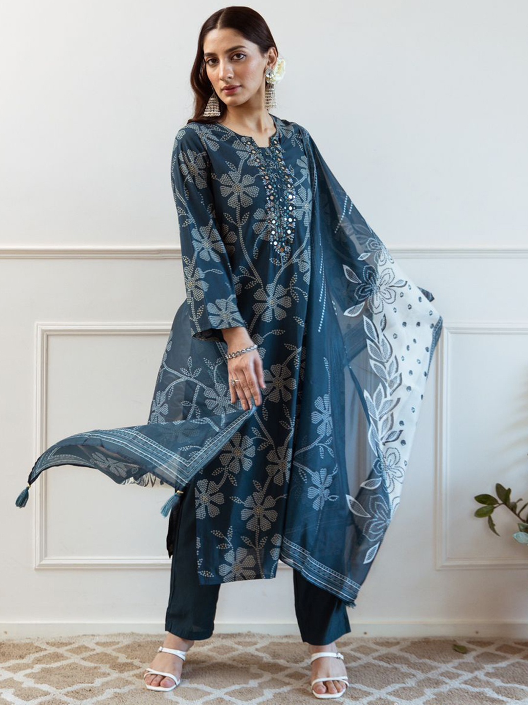

Anouk Bandhani Printed Mirror Work Straight Kurta with Trousers & Dupatta, Blue