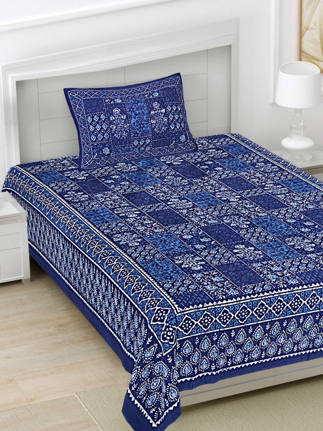 

FrionKandy Living Blue Printed Cotton 180 TC Single Bedsheet Set 2.28 m x 1.52 m