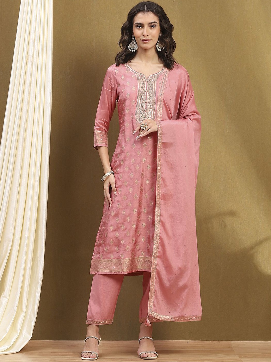 

Biba Women Ethnic Motifs Embroidered Regular Kurta with Palazzos & With Dupatta, Pink