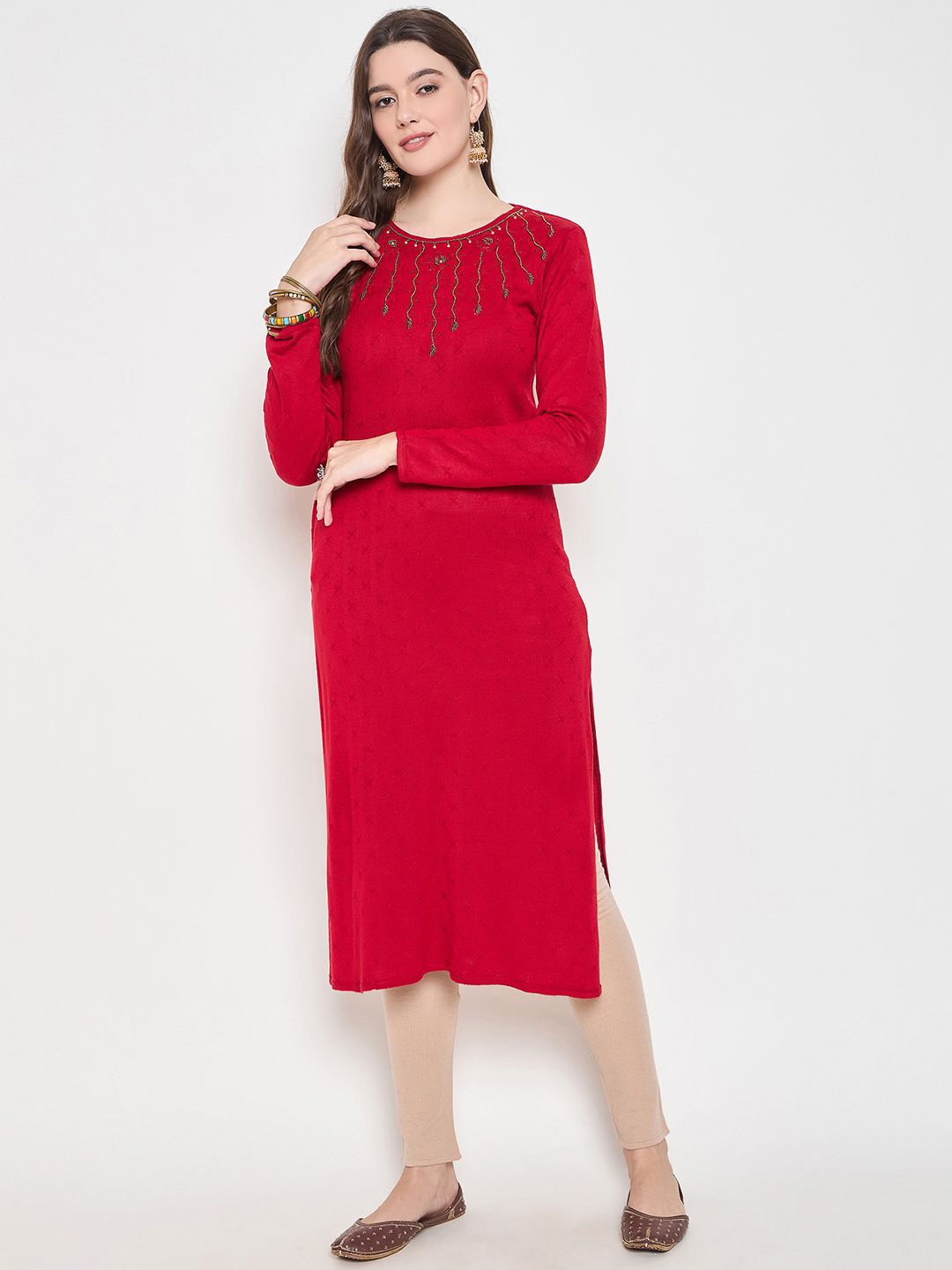 

Zigo Floral Embellished Beads & Stones Straight Woollen Kurta, Red