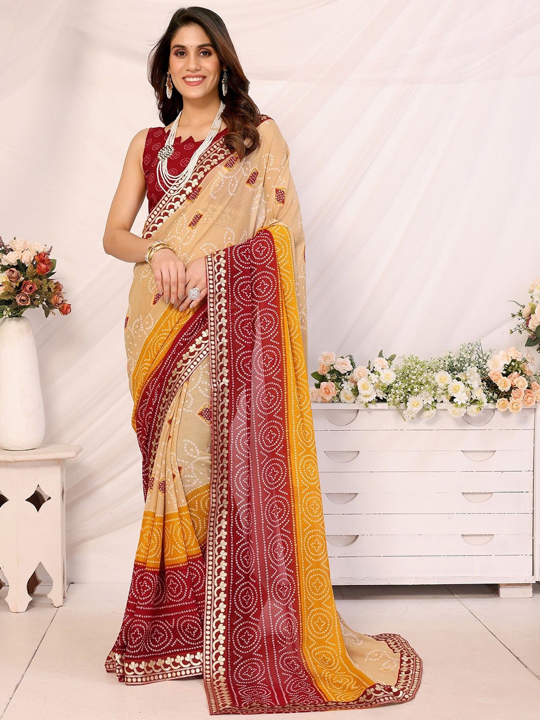 

KALINI Bandhani Printed Embroidered Saree, Beige