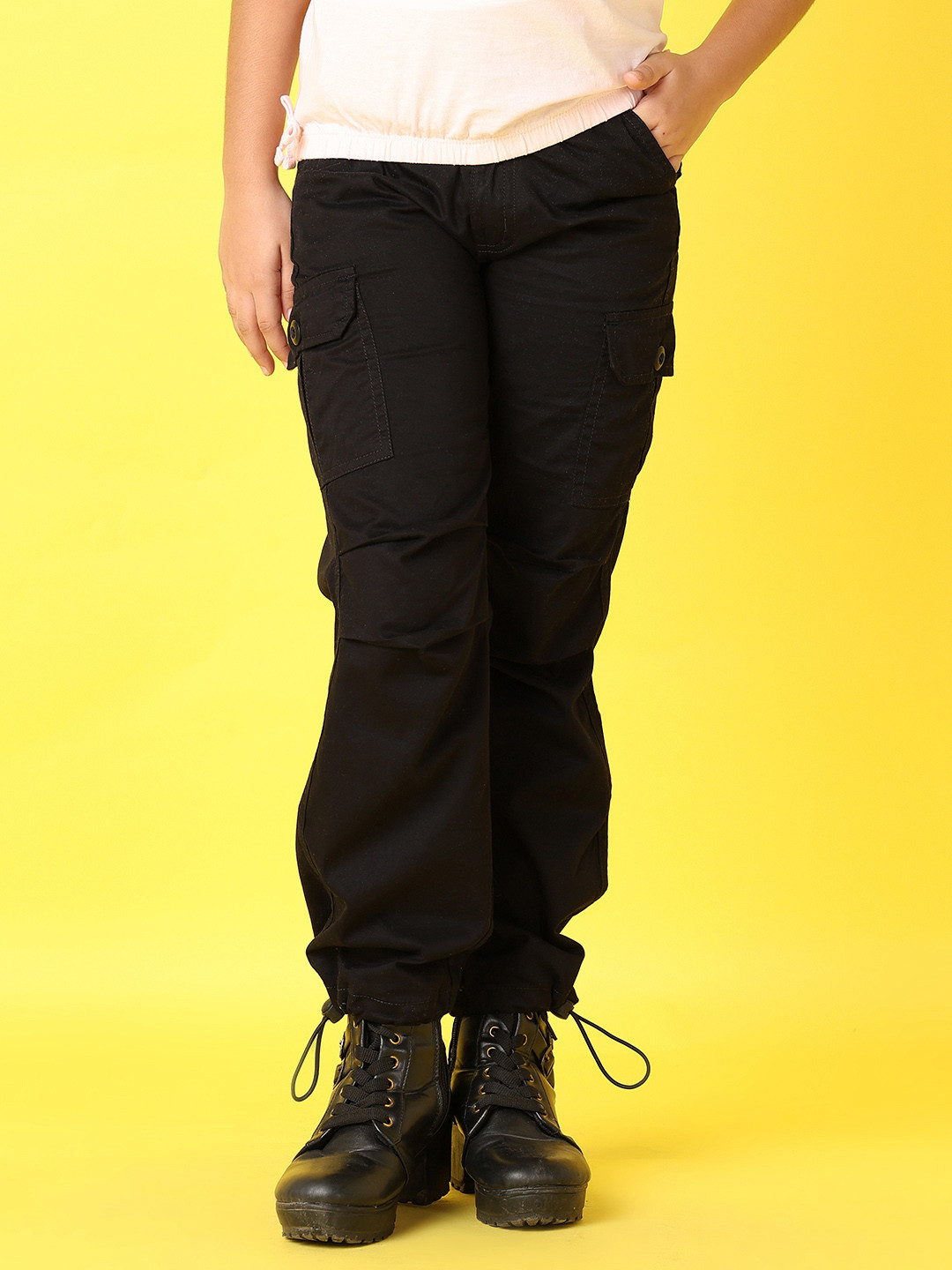 

V-Mart Girls Cotton Mid-Rise Cargos Trousers, Black