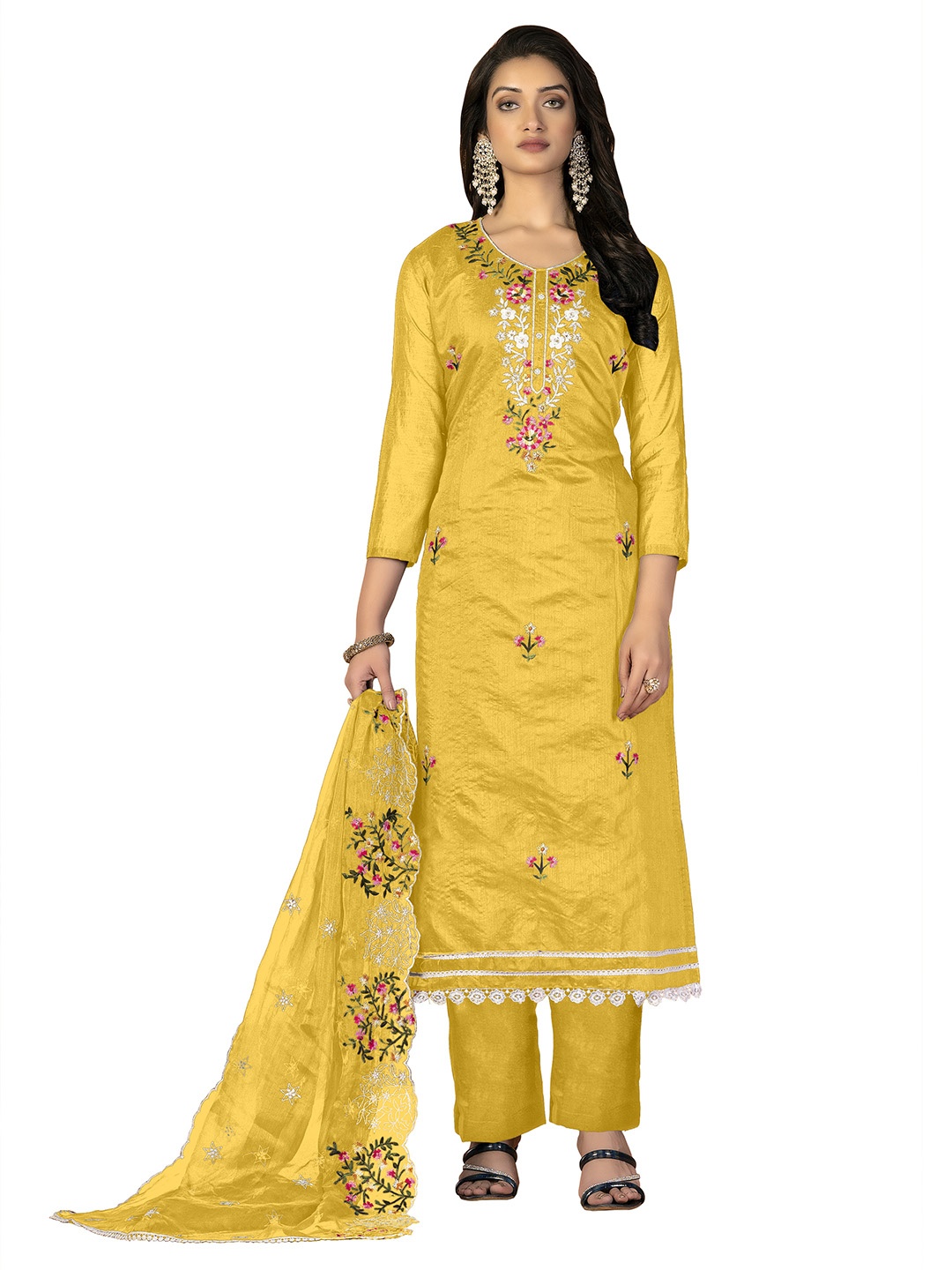

Maroosh Floral Embroidered Beads and Stones Unstitched Dress Material, Yellow