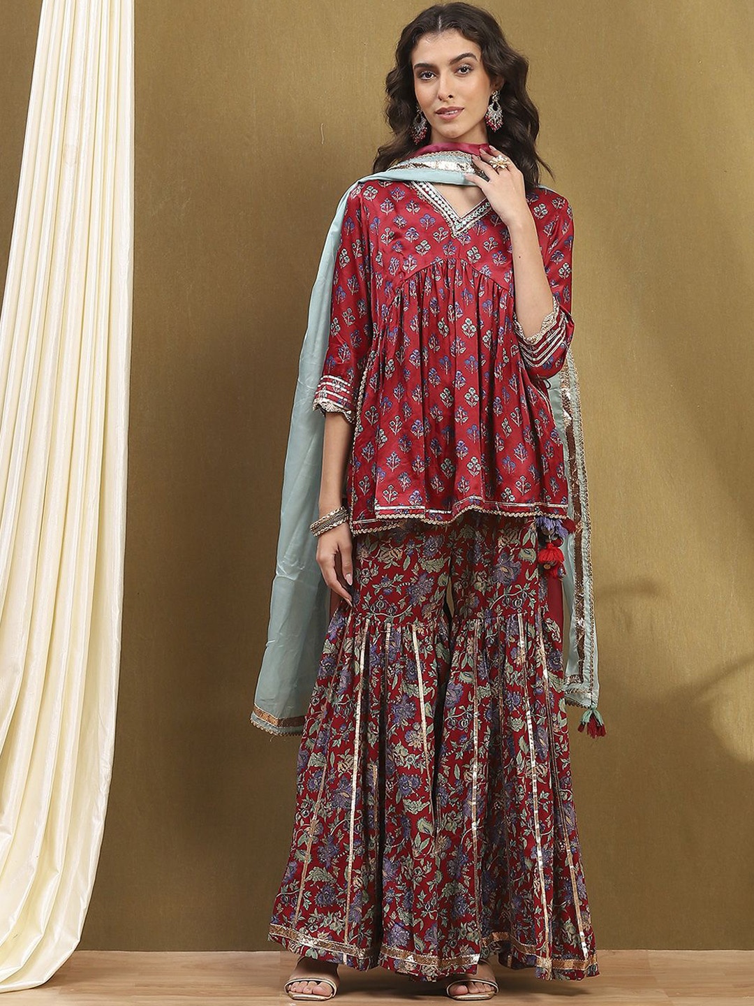 

Biba Cherry Red Ethnic Motifs Printed Empire Gotta Patti Kurta with Sharara & Dupatta