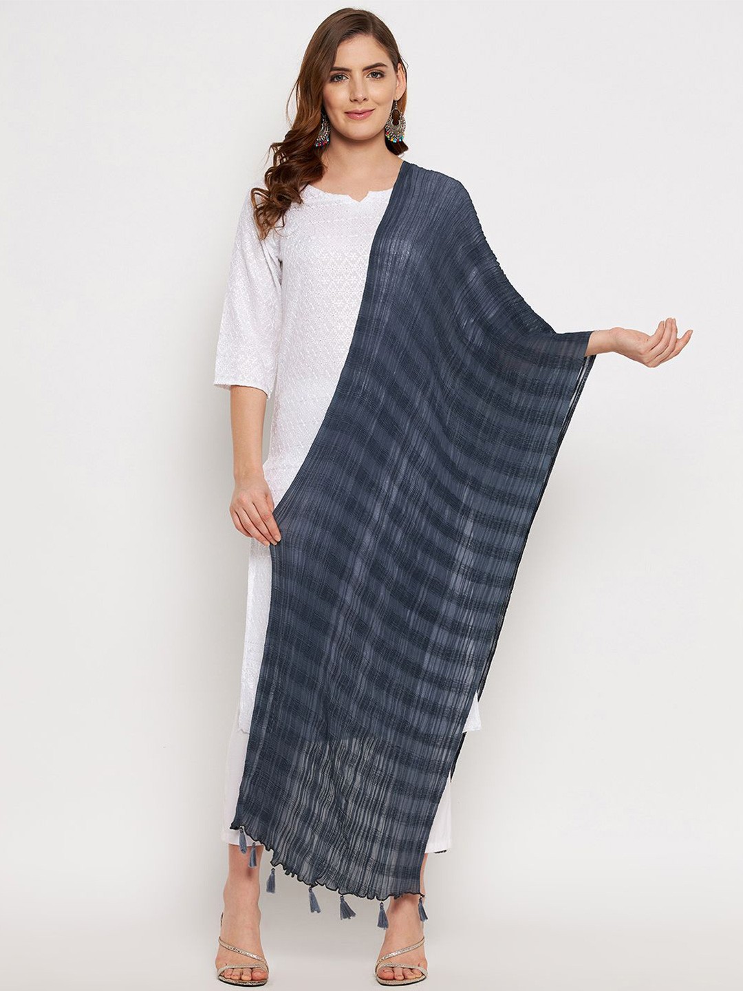 

Clora Creation Cotton Dupatta With Tasselled Border, Grey