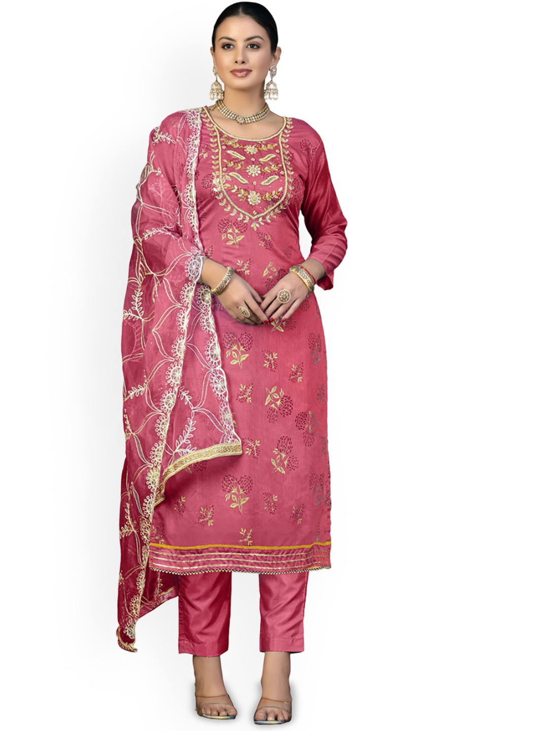 

Maroosh Floral Printed Beads and Stones Unstitched Dress Material, Pink