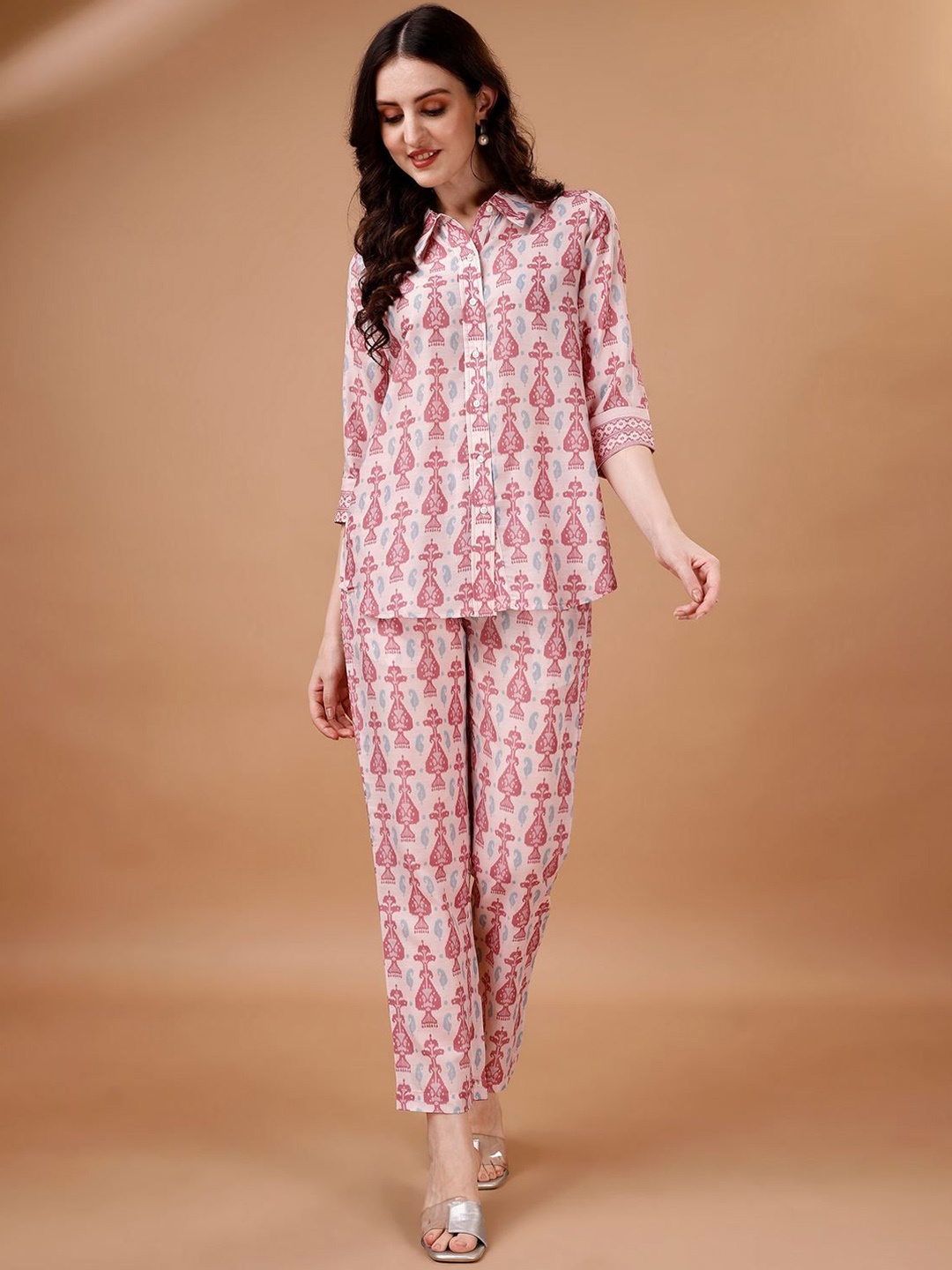 

COLORCART Printed Shirt With Trousers Co-Ords, Pink