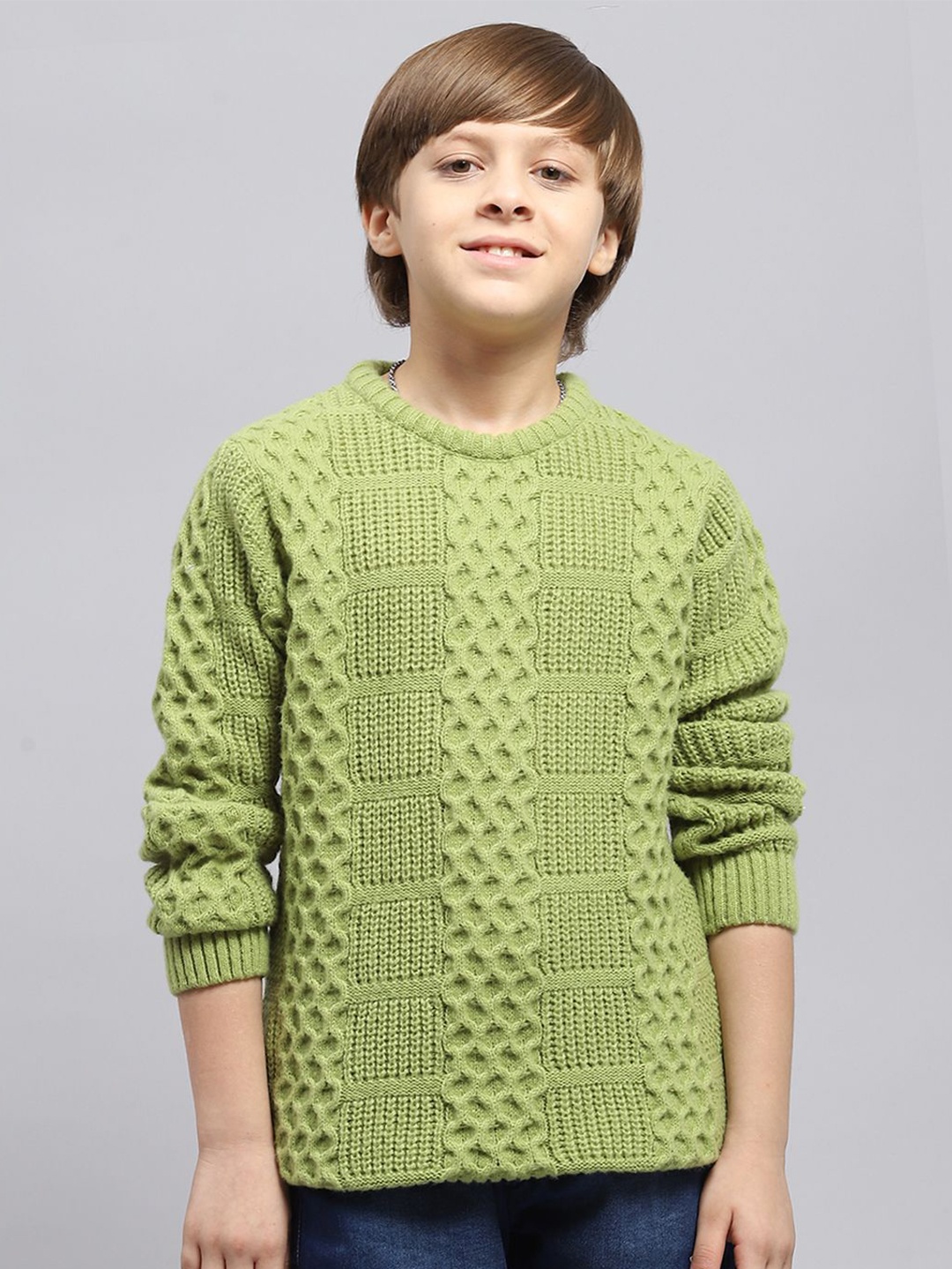 

Monte Carlo Boys Woollen Self Design Round Neck Full Sleeve Pullover, Green