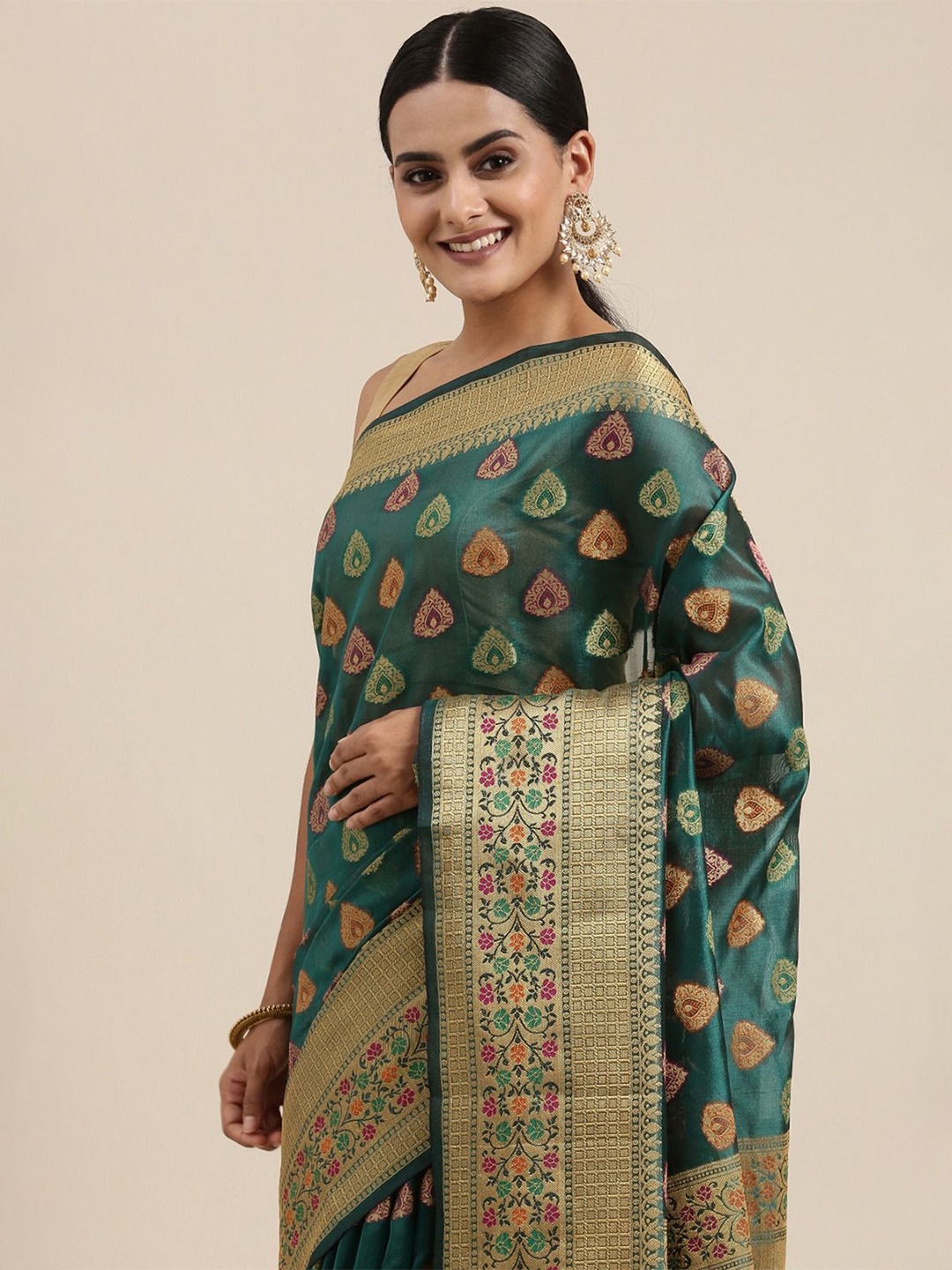 

ISHIKA FAB Woven Design Kanjeevaram Saree, Sea green