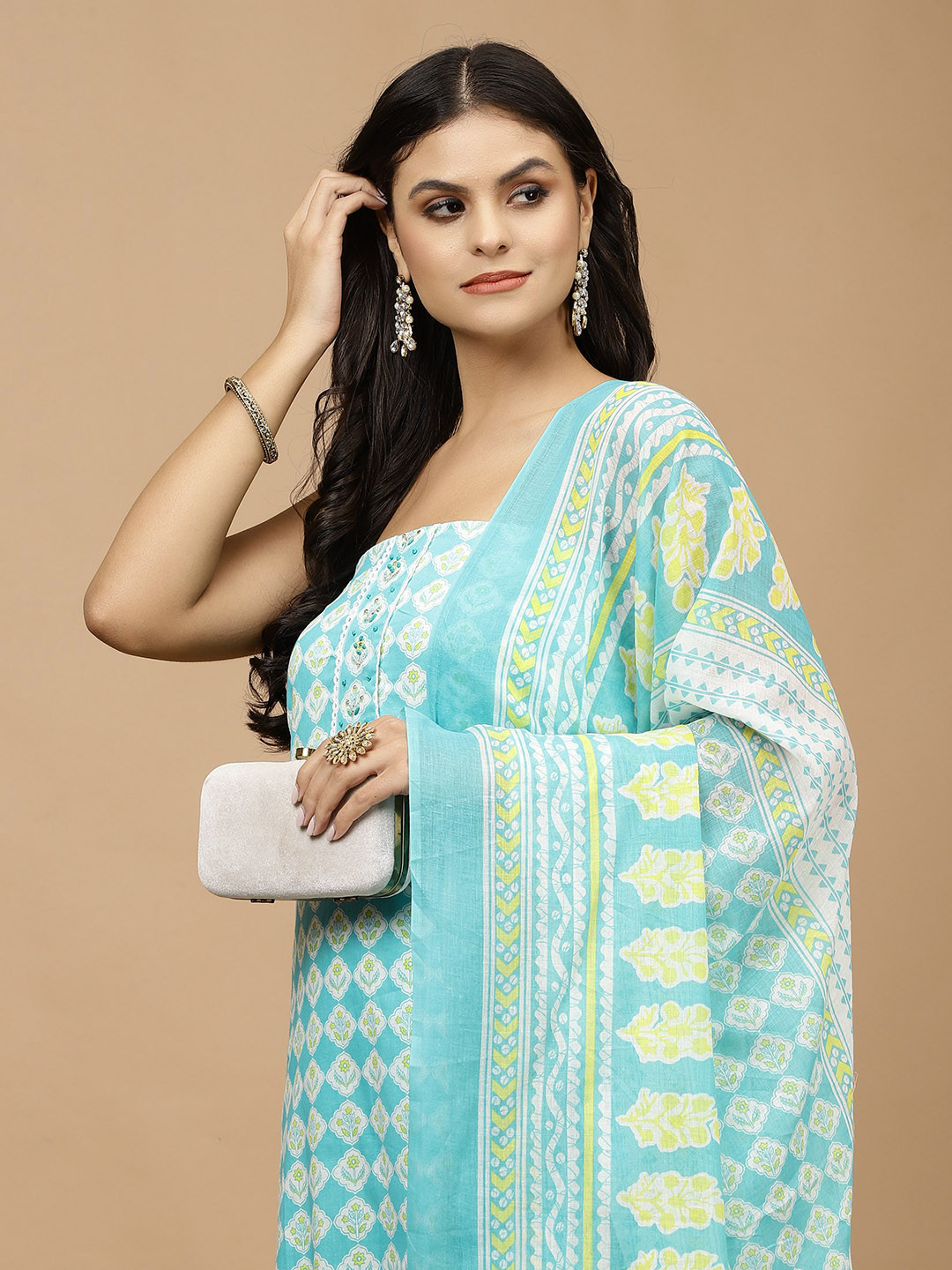 

Meena Bazaar Floral Printed Unstitched Dress Material, Sea green