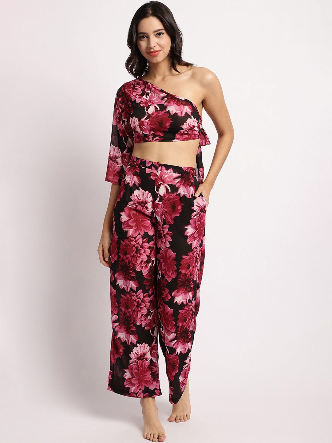 

EROTISSCH Purple Floral Printed One Shoulder Relaxed-Fit Top With Trouser