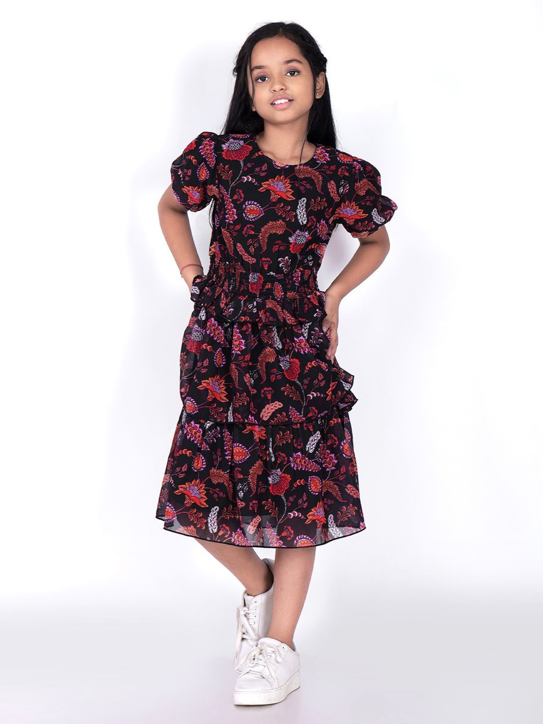 

CHARMGAL Floral Print Puff Sleeve Fit & Flare Dress, Black