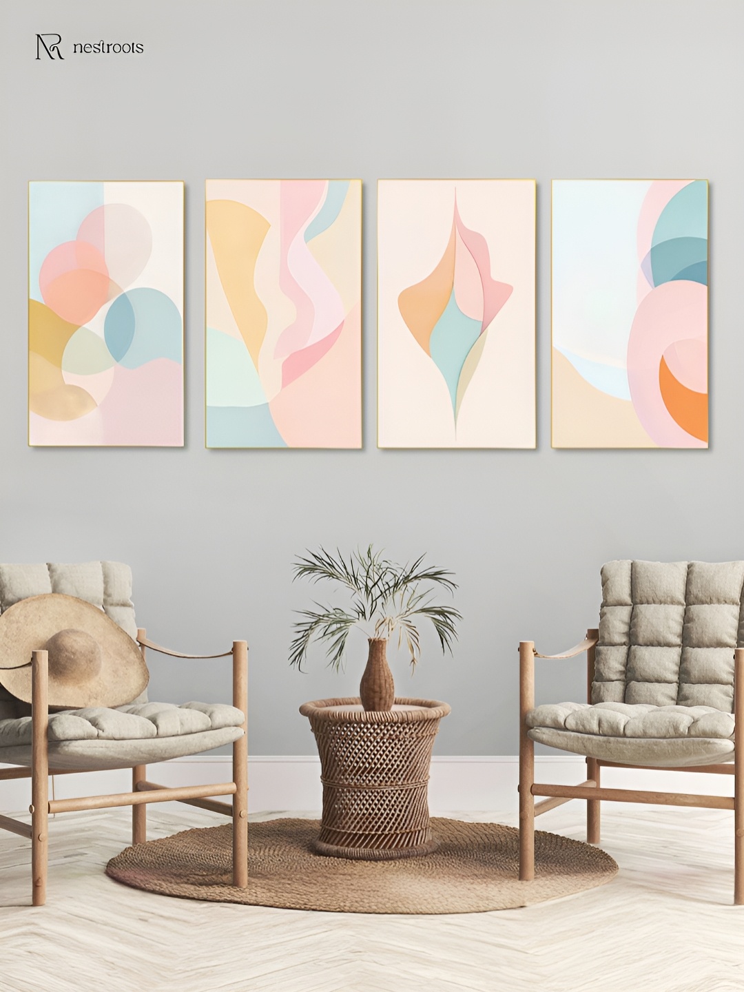 

nestroots Blue & Pink 4 Pieces Canvas Abstract Painting Wall Art