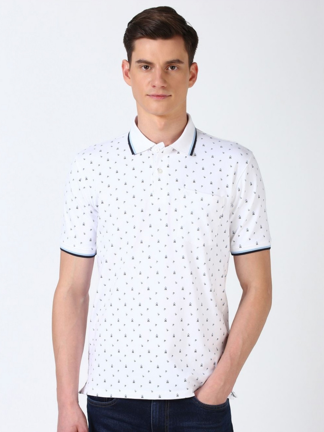 

Peter England Men Geometric Printed Polo Collar Cotton T-shirt, White