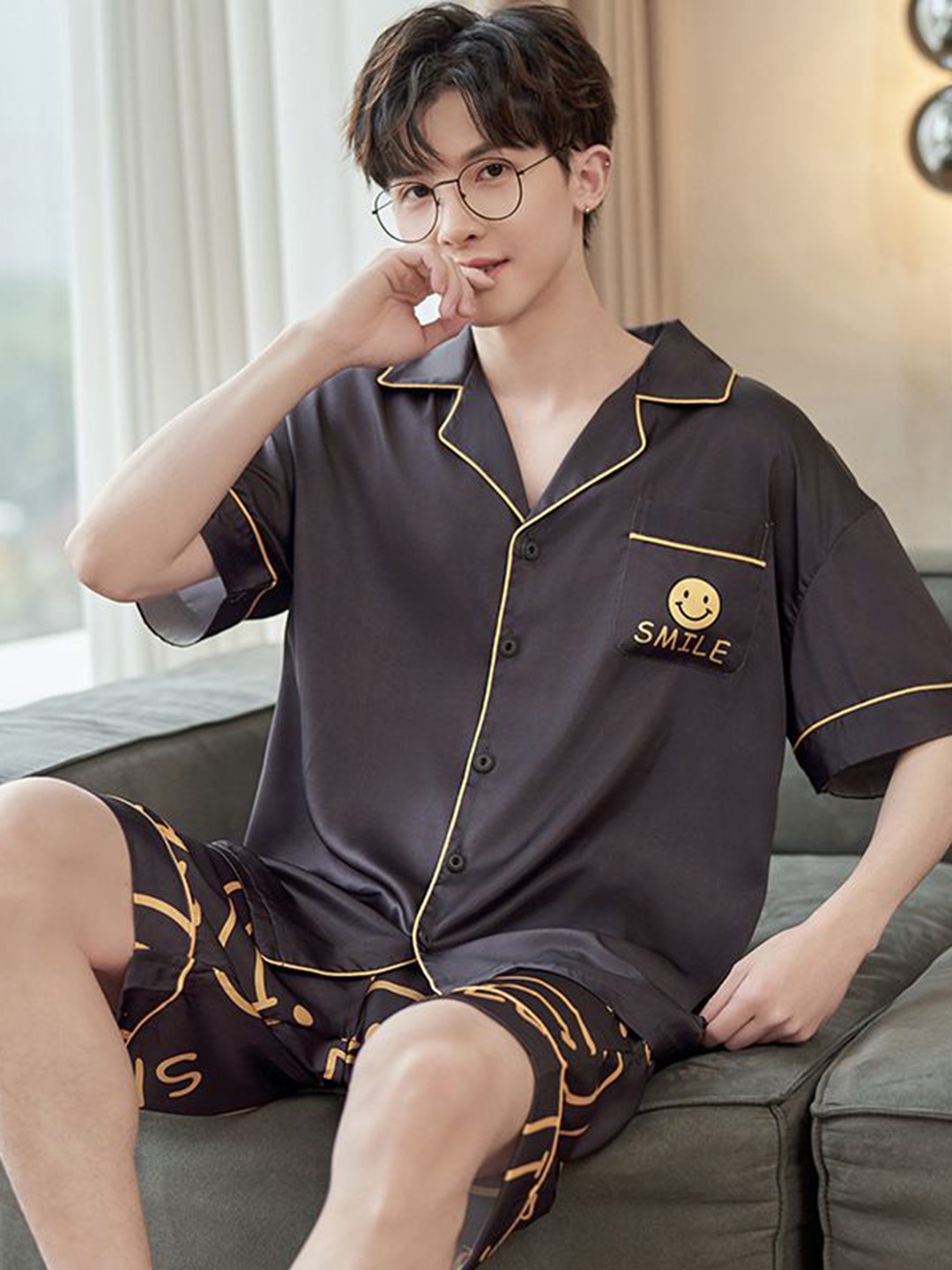 

StyleCast Men Graphic Printed Shirt With Shorts Night Suit, Brown