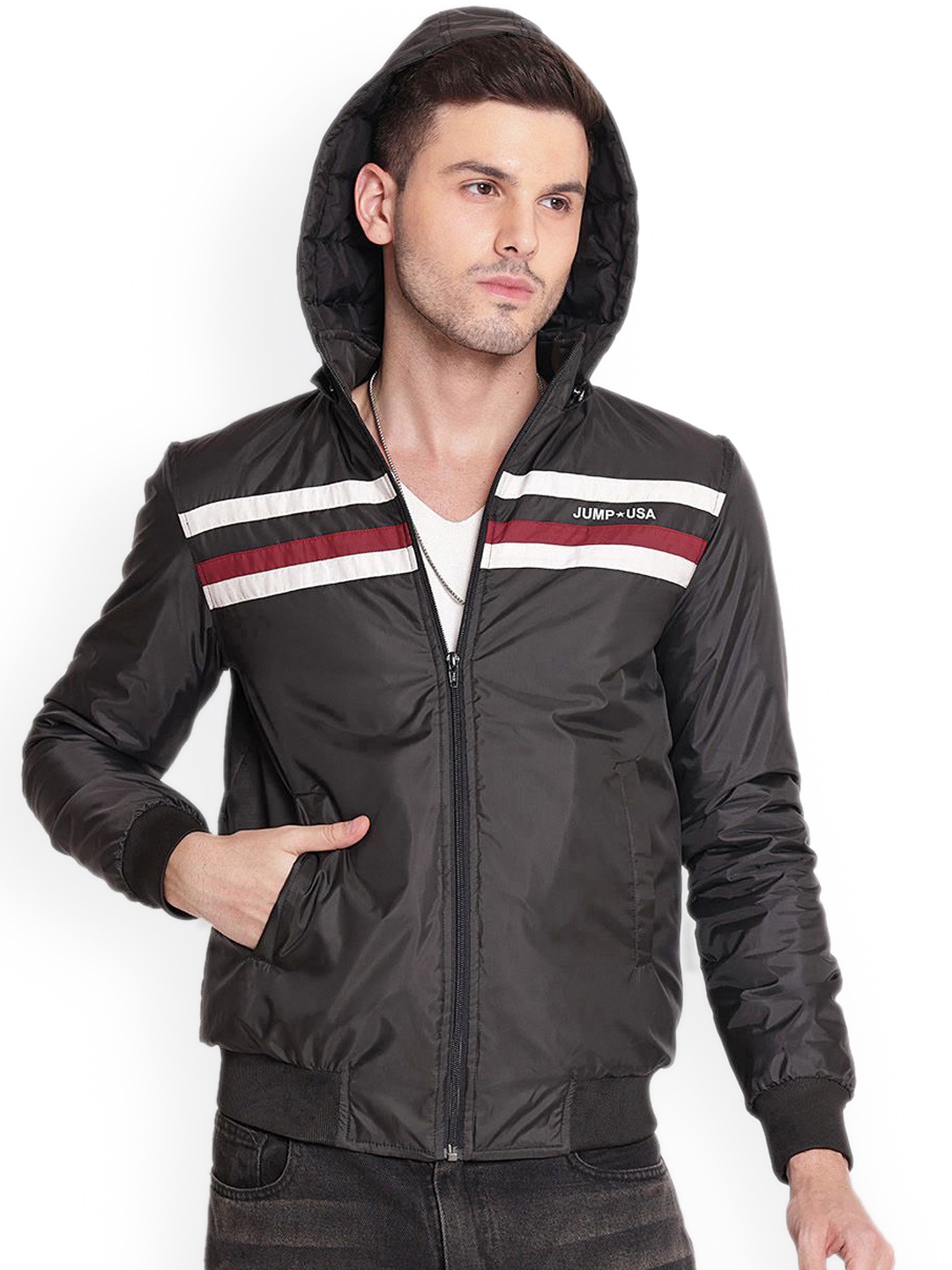 

JUMP USA Men Hooded Striped Casual Bomber Jacket, Black