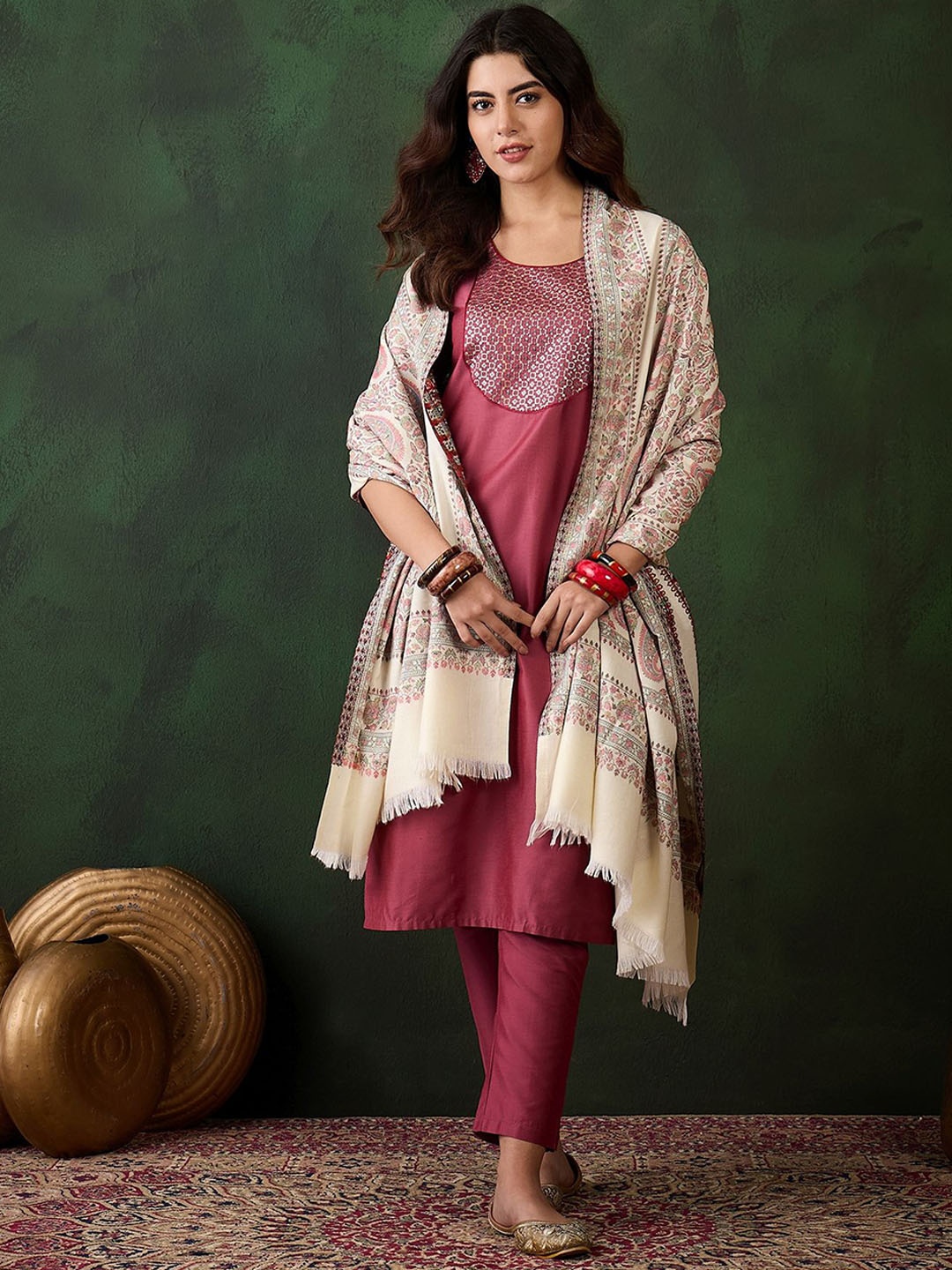 

Sangria Ethnic Motifs Woven Design Winter Pashmina Shawl, Cream