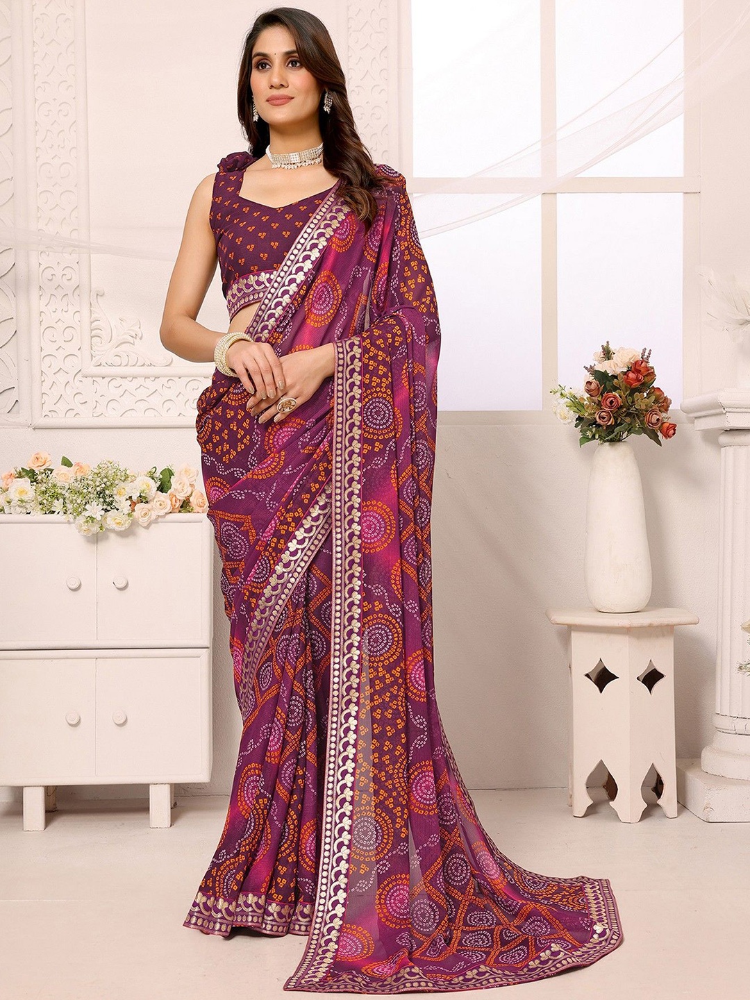 

KALINI Bandhani Printed Embroidered Saree, Purple