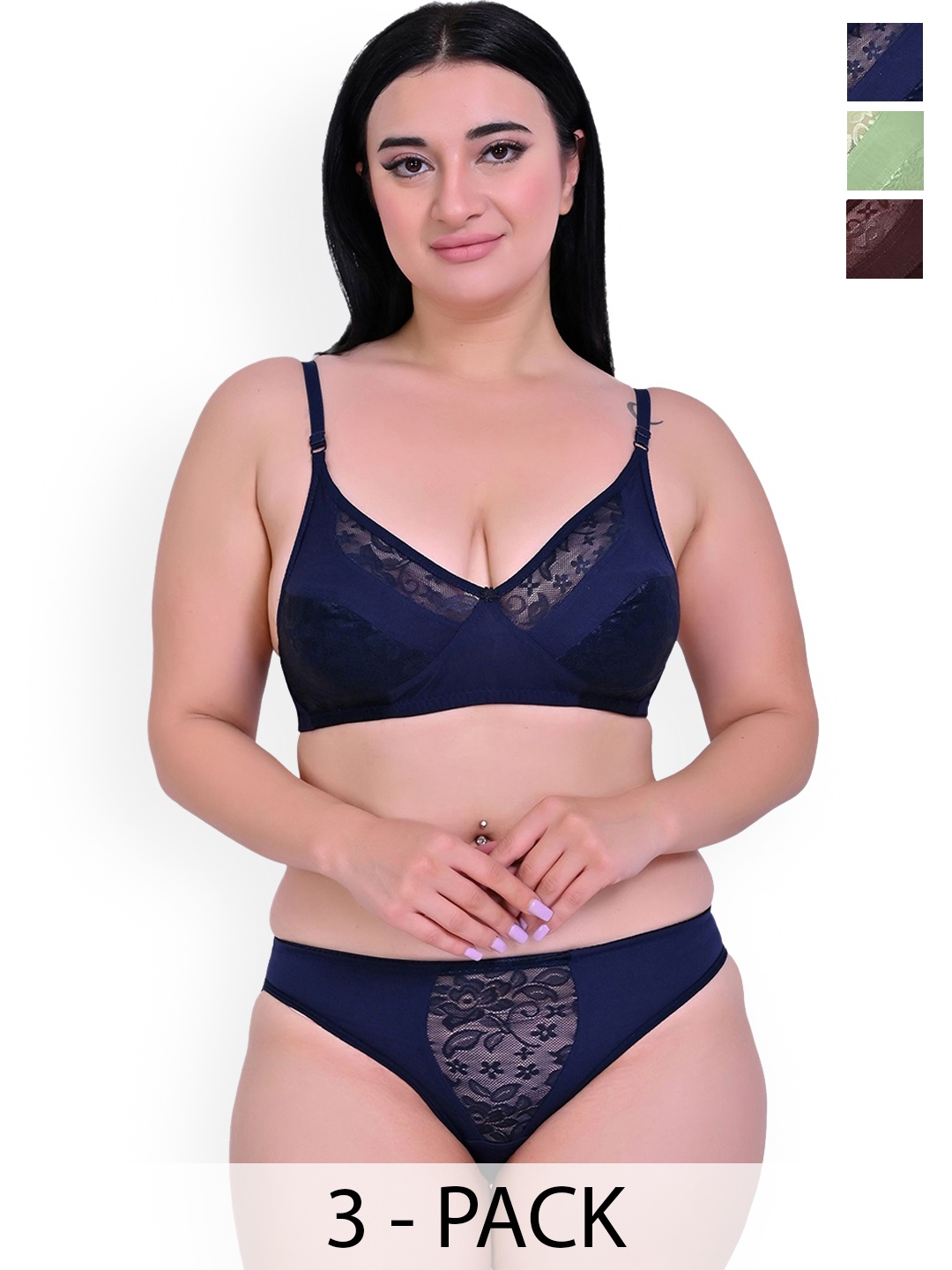 

Piylu Women Pack Of 3 Self Design Non-Padded Lingerie Sets, Green