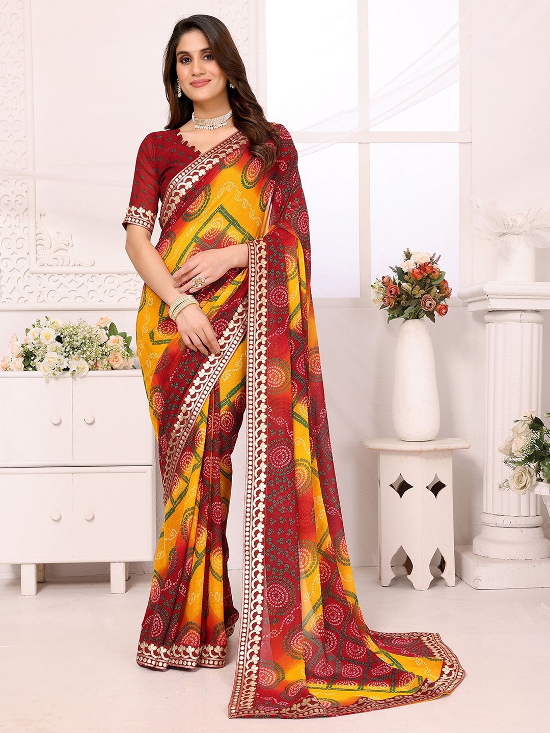 

KALINI Bandhani Embroidered Bandhani Saree With Blouse Piece, Yellow