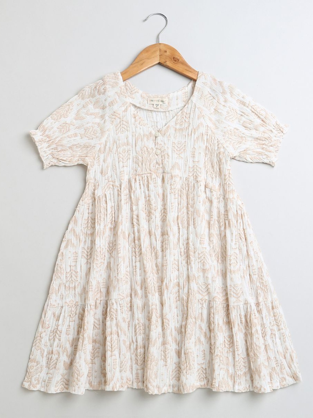 

Sweetlime By AS Girls Printed Puff Sleeves Cotton Fit & Flare Dress, Beige