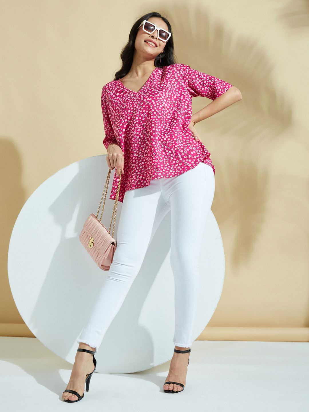 

DEPANO V-Neck Printed A-Line Crepe Top, Pink
