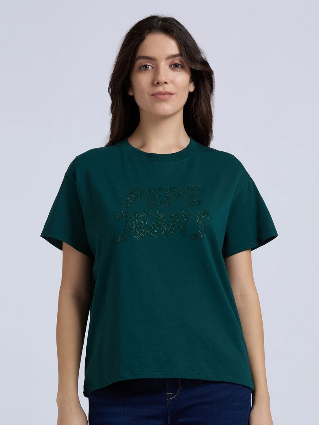 

Pepe Jeans Women Typography Printed Round Neck Pure Cotton T-shirt, Green