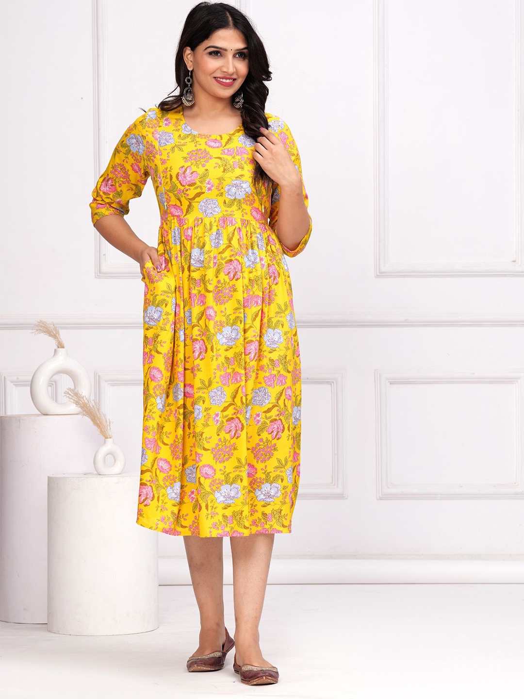 

TANISHA Women Cotton Floral Print Round Neck Maternity Fit & Flare Dress, Mustard