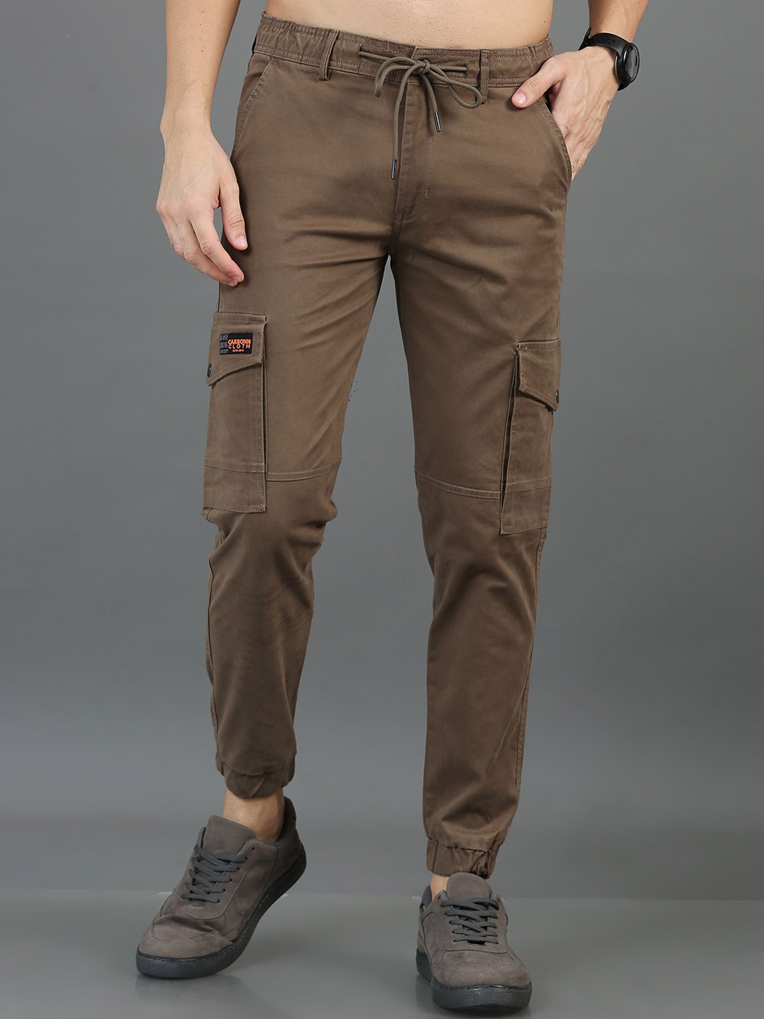 

CARBONN CLOTH Men Brown Cotton Mid-Rise Regular Fit Cargos Casual Trousers