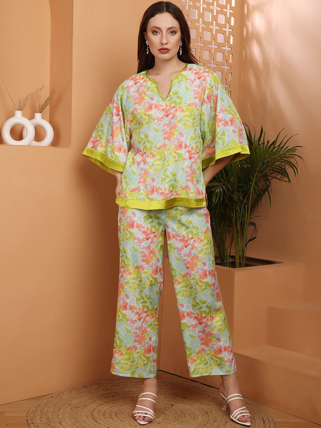 

DEBONATELLA Floral Printed Three-Quarter Sleeves Pure Cotton Top With Trouser, Fluorescent green