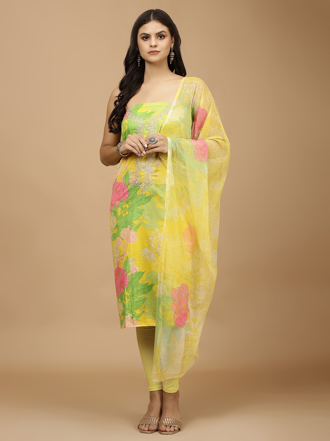 

Meena Bazaar Floral Printed Zari Unstitched Dress Material, Yellow