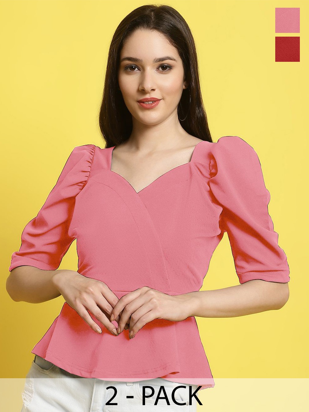 

Metronaut Pack Of 2 Women Sweetheart & V-Neck Casual Top, Pink