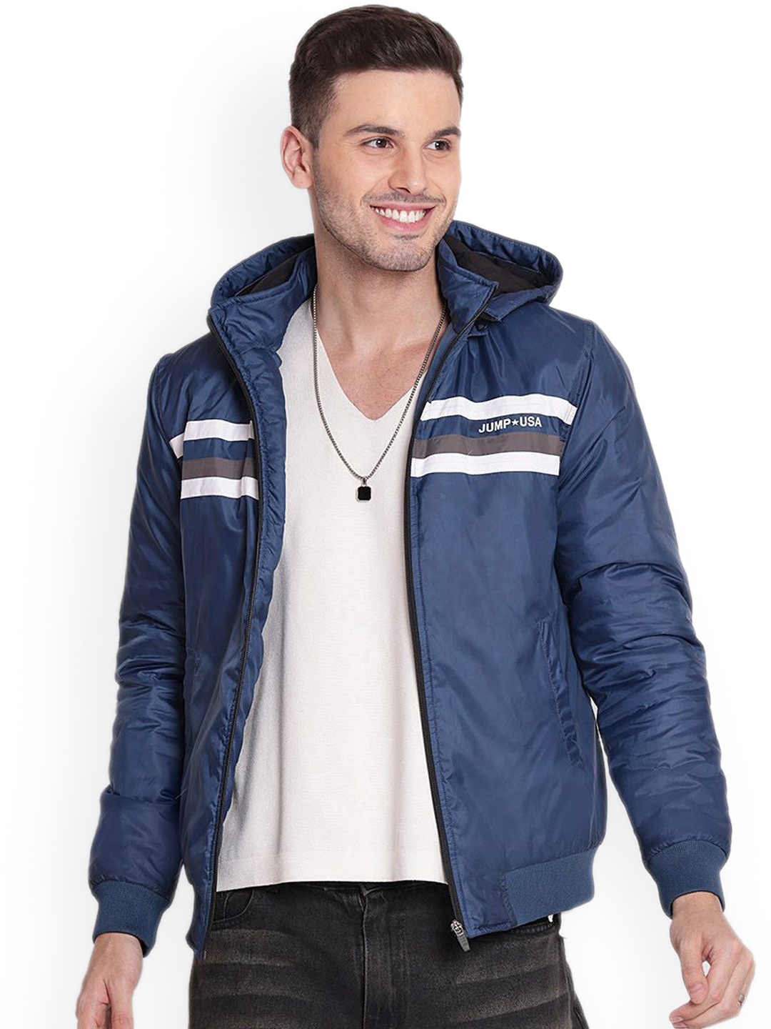 

JUMP USA Men Hooded Striped Casual Bomber Jacket, Blue