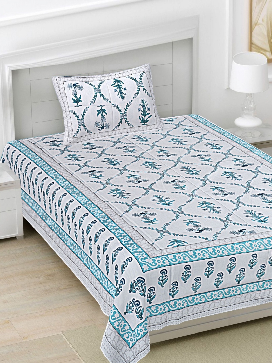 

FrionKandy Living Turquoise Blue Printed Cotton 180 TC Single Bedsheet Set 2.28 m x 1.52 m