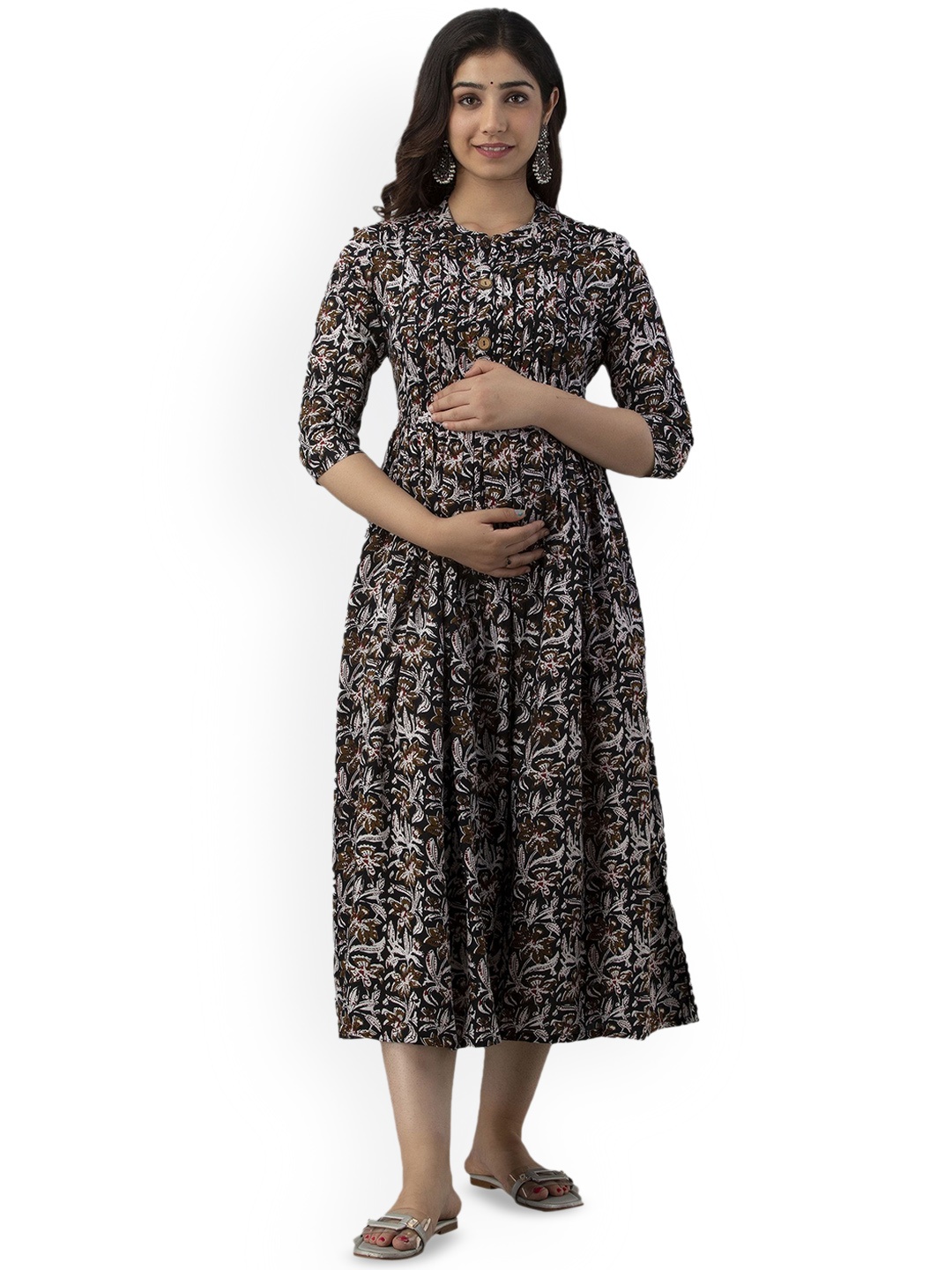 

Charnest Floral Printed Mandarin Collar Maternity Fit and Flare Midi Ethnic Dress, Black