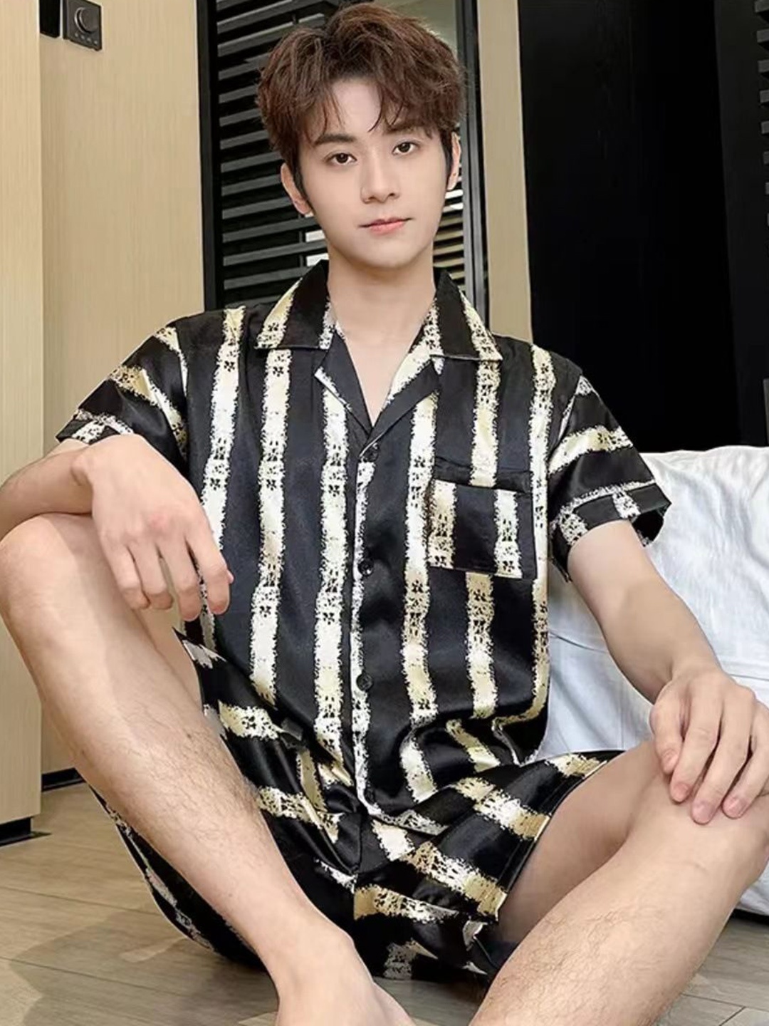 

StyleCast Striped Lapel Collar Short Sleeve Shirt With Shorts Night Suit, Black