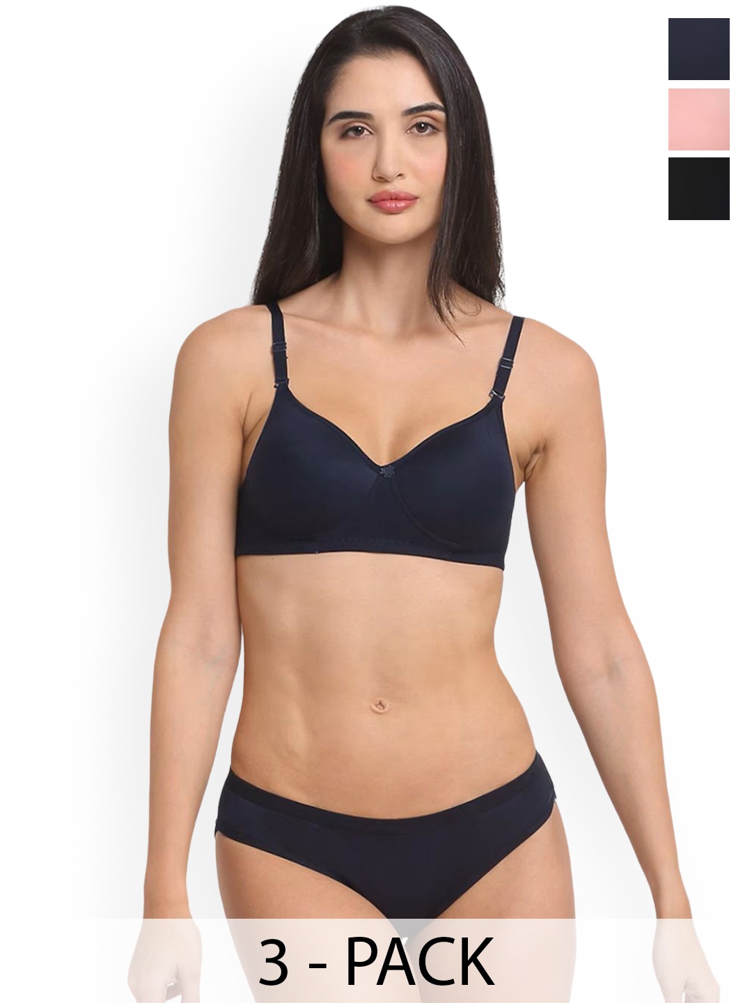 

Designer Bugs Women Pack Of 3 Lightly Padded Lingerie Set, Black