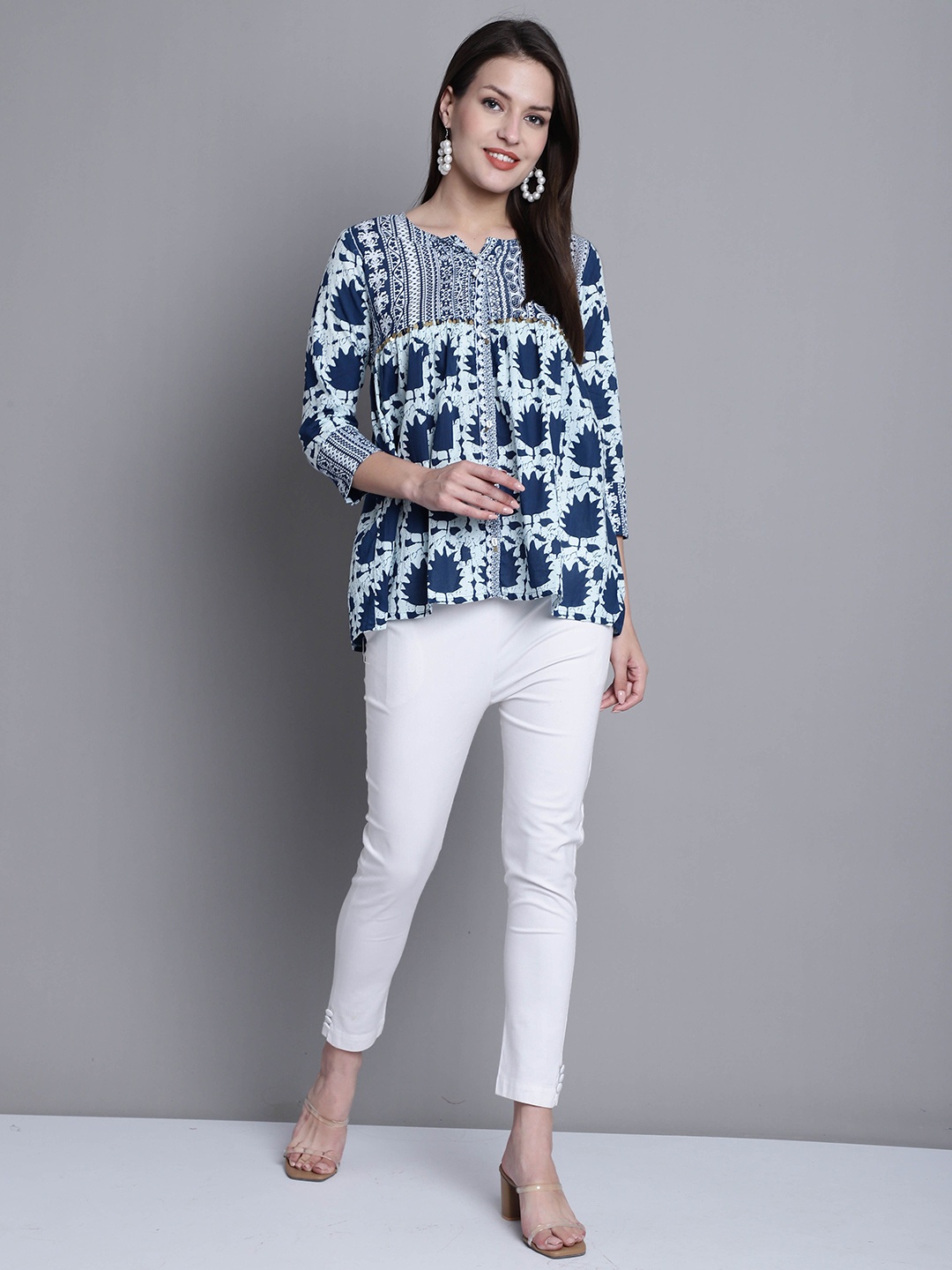 

KALINI Women Ethnic Motifs Printed Embellished Pure Cotton Top, Blue