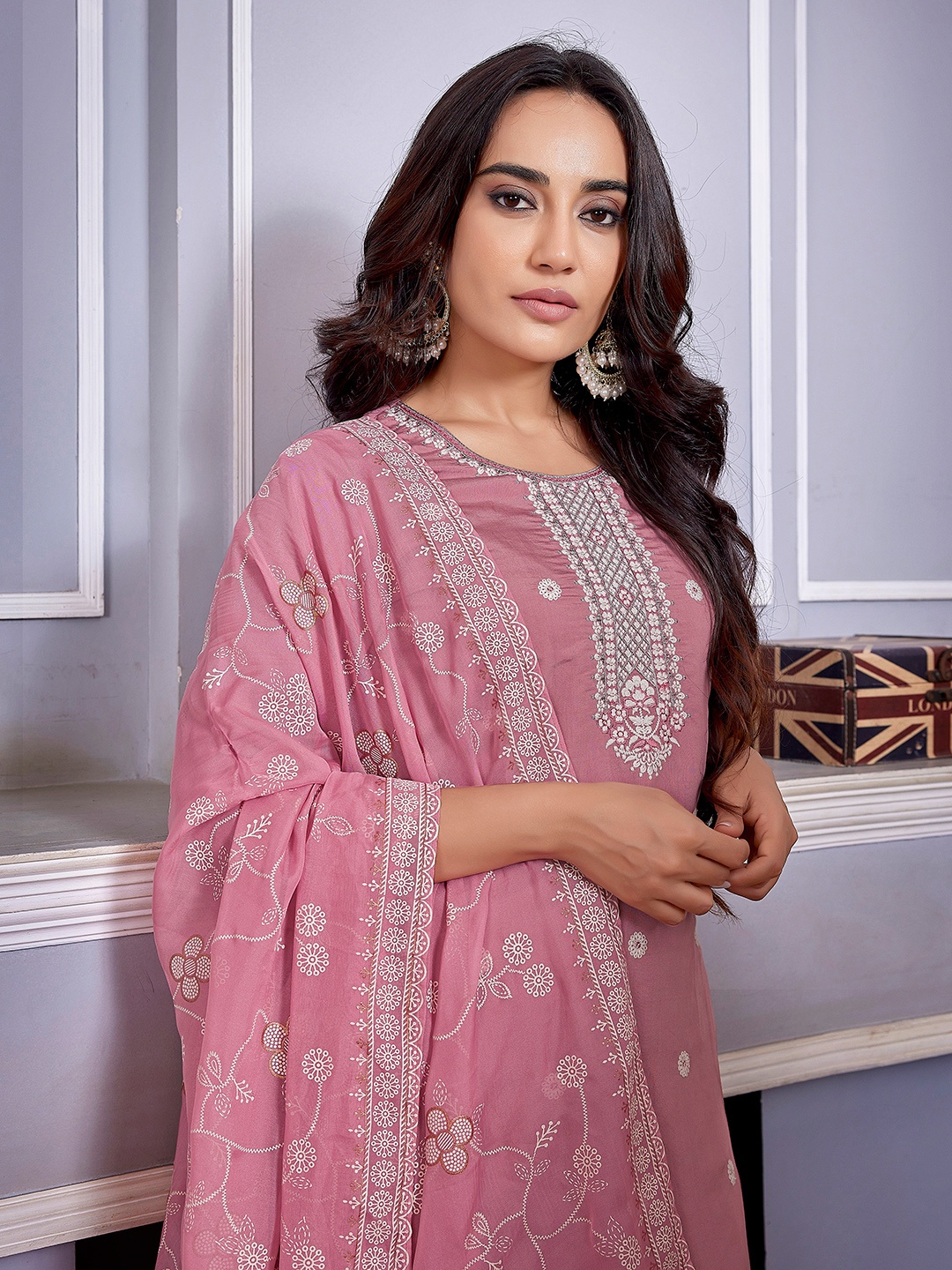 

Royal Export Ethnic Motifs Embroidered Sequinned Kurta with Trouser & Dupatta, Pink