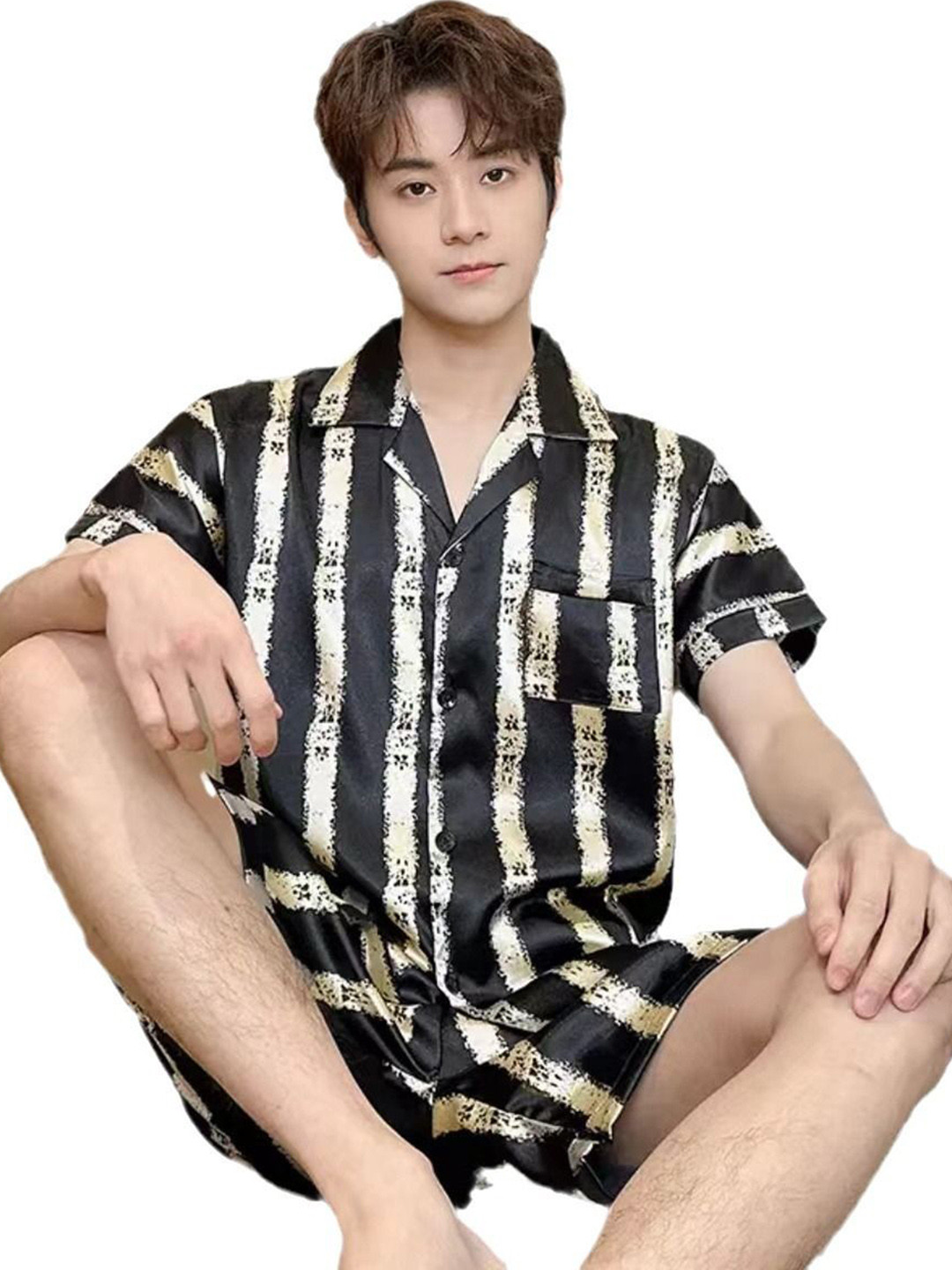 

StyleCast Printed Short Sleeve Shirt With Shorts Night Suit, Black