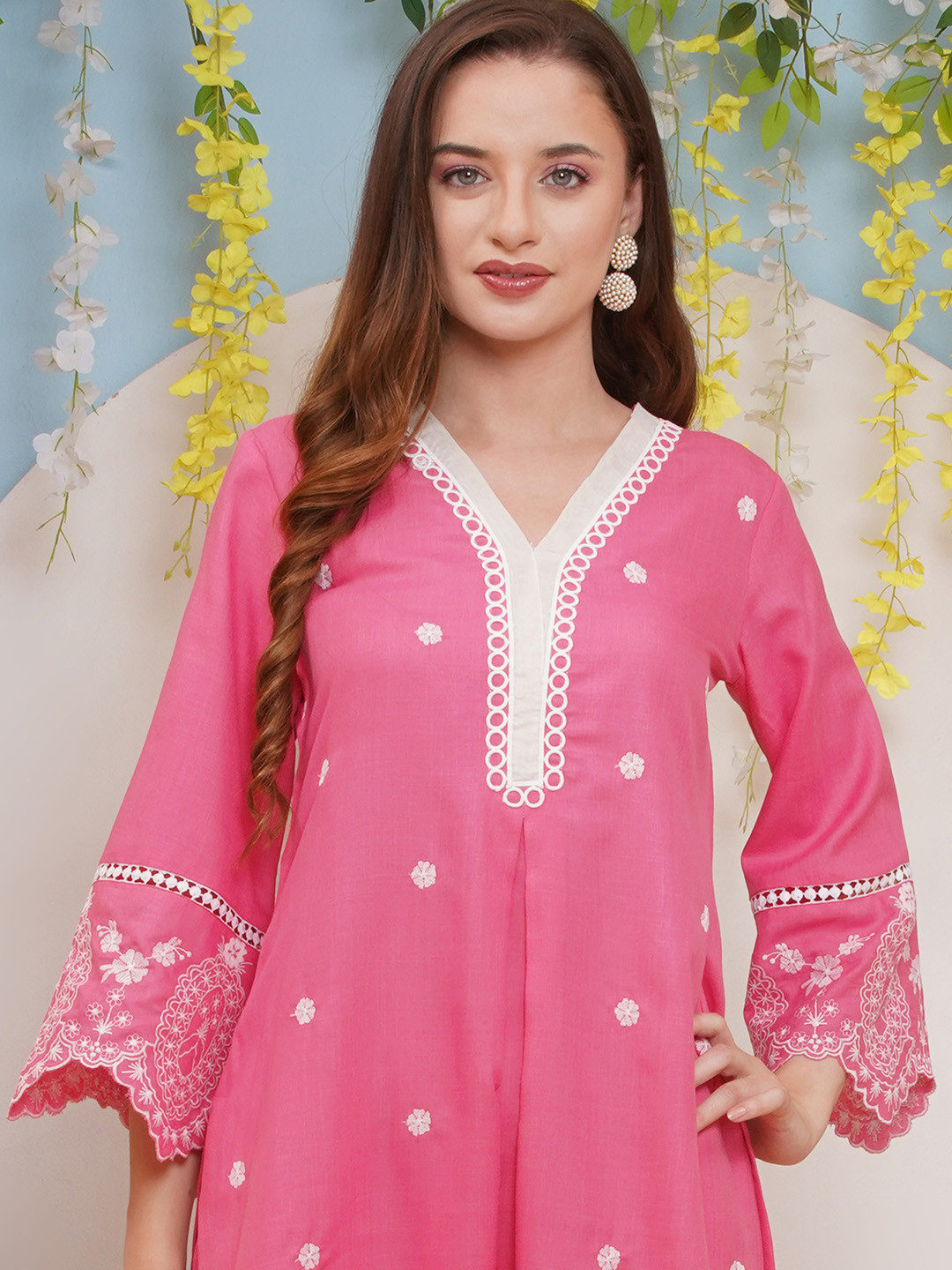 

Bhama Couture Floral Embroidered V-Neck Flared Sleeves A-Line Kurta With Trousers, Pink