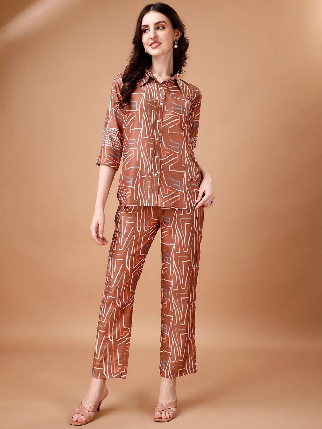 

COLORCART Printed Shirt With Trousers Co-Ords, Rust